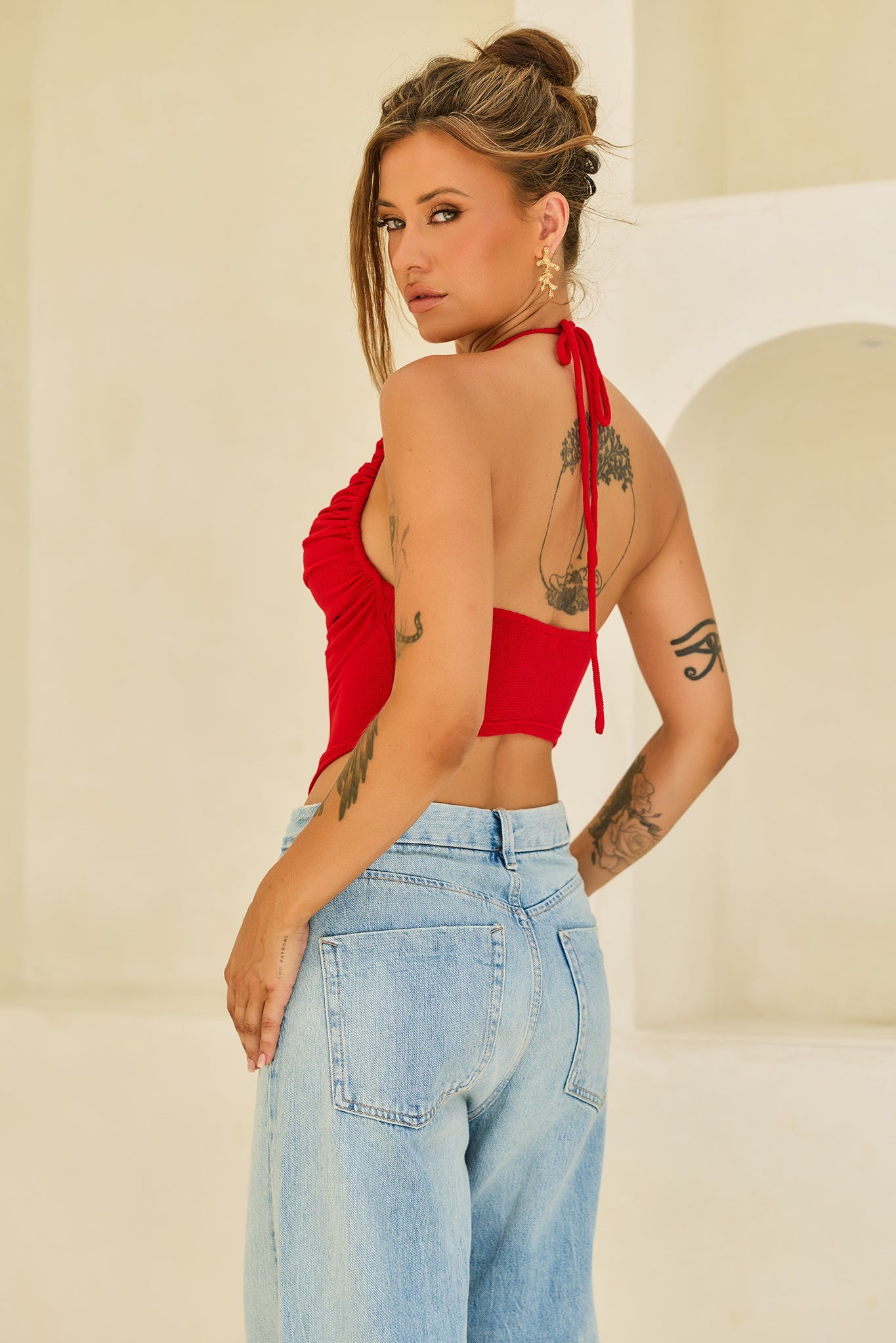Contour Drape Ribbed Mesh Halter Top - Red