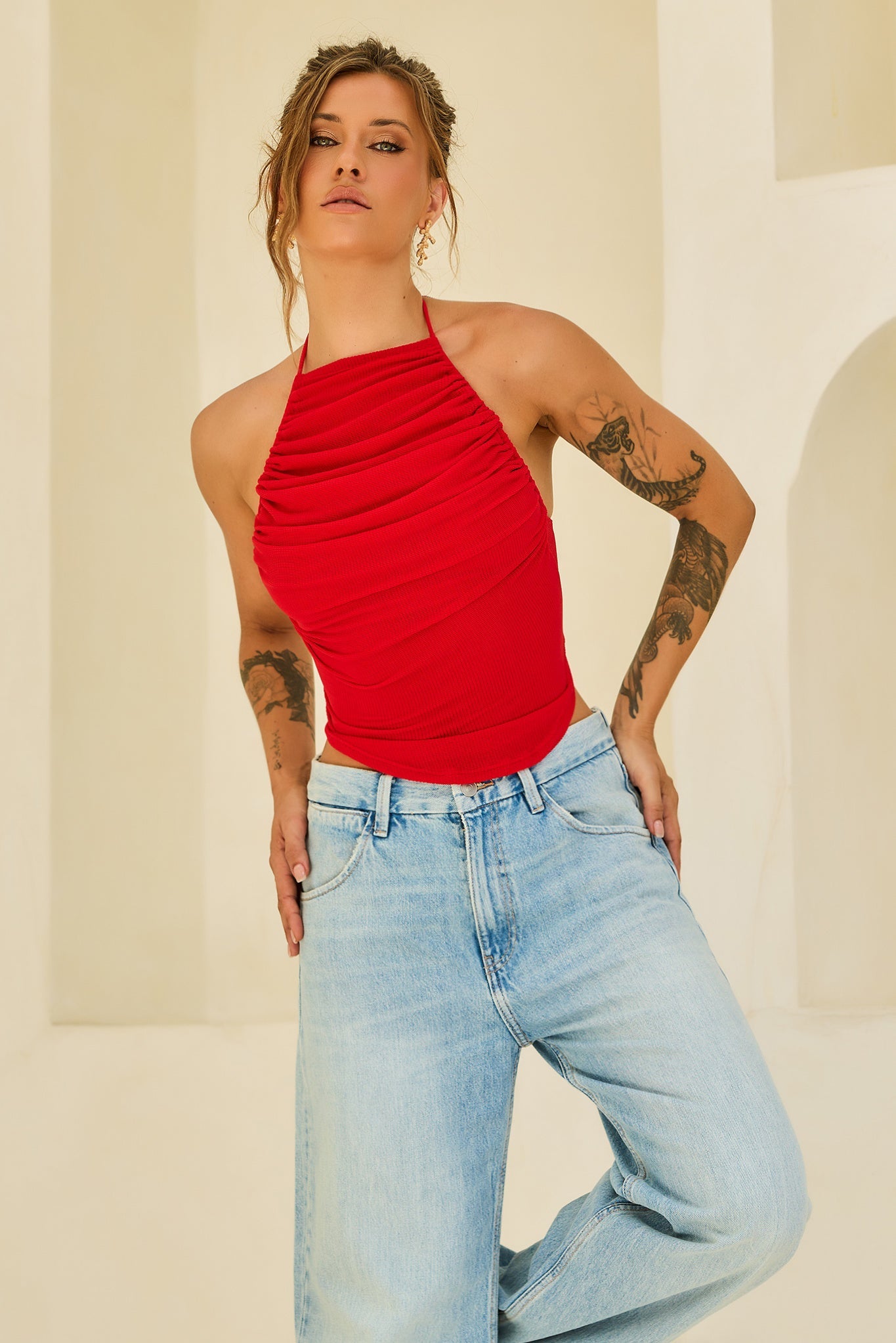 Contour Drape Ribbed Mesh Halter Top - Red