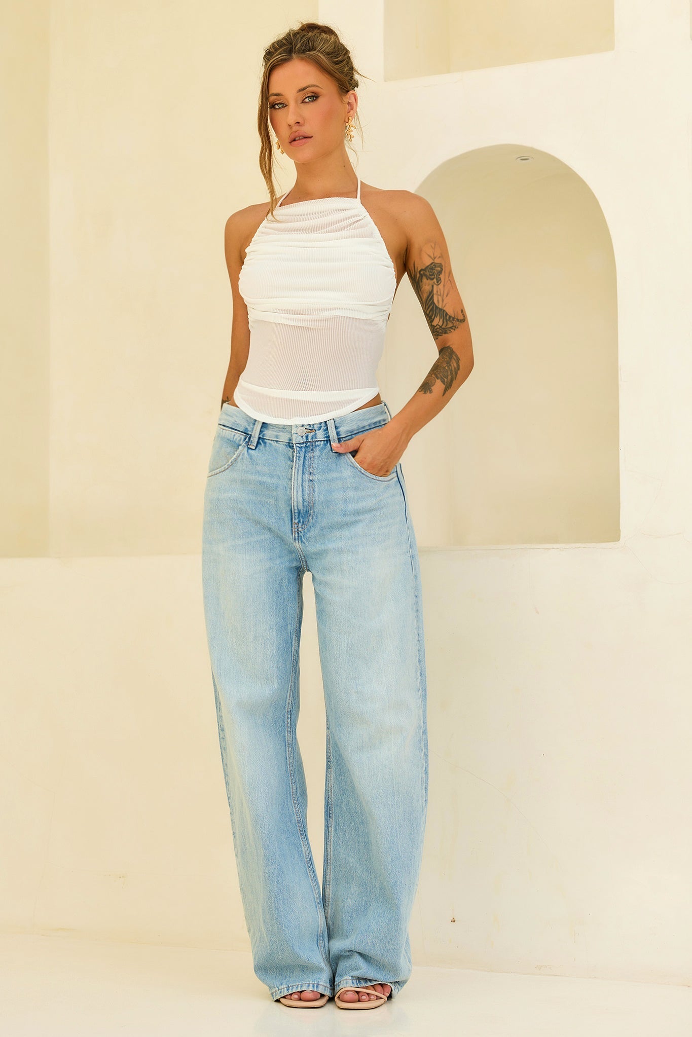 Contour Drape Ribbed Mesh Halter Top - White