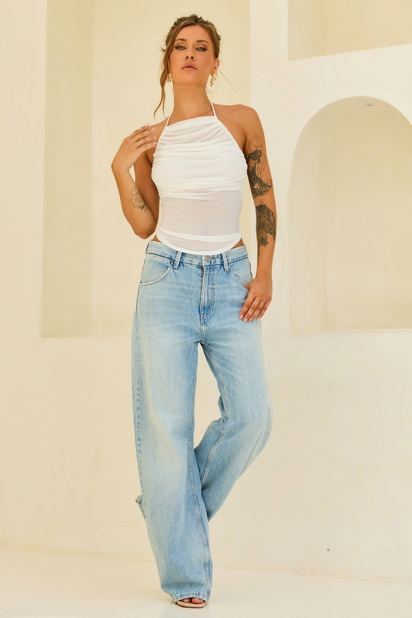 Contour Drape Ribbed Mesh Halter Top - White