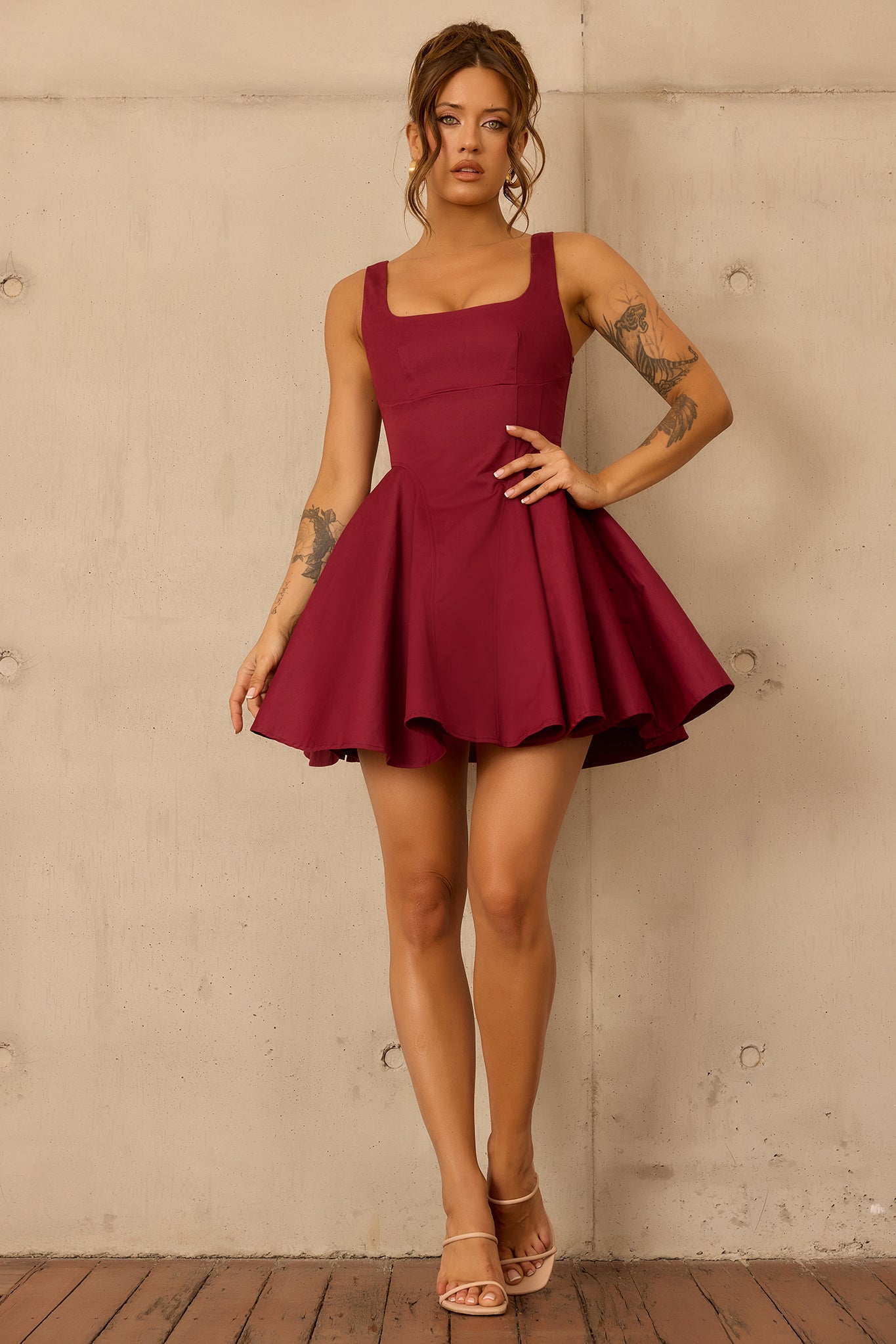 Crimson Whirl Woven Mini Dress - Wine