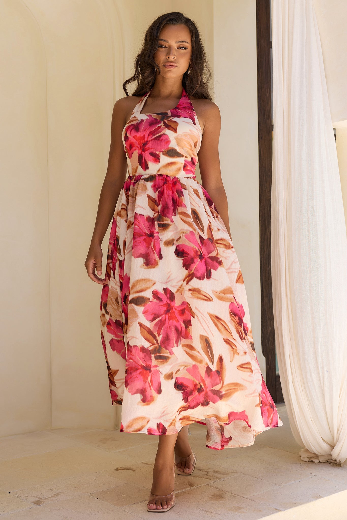 Crimson Whisper Woven Midi Dress - Wine Multi