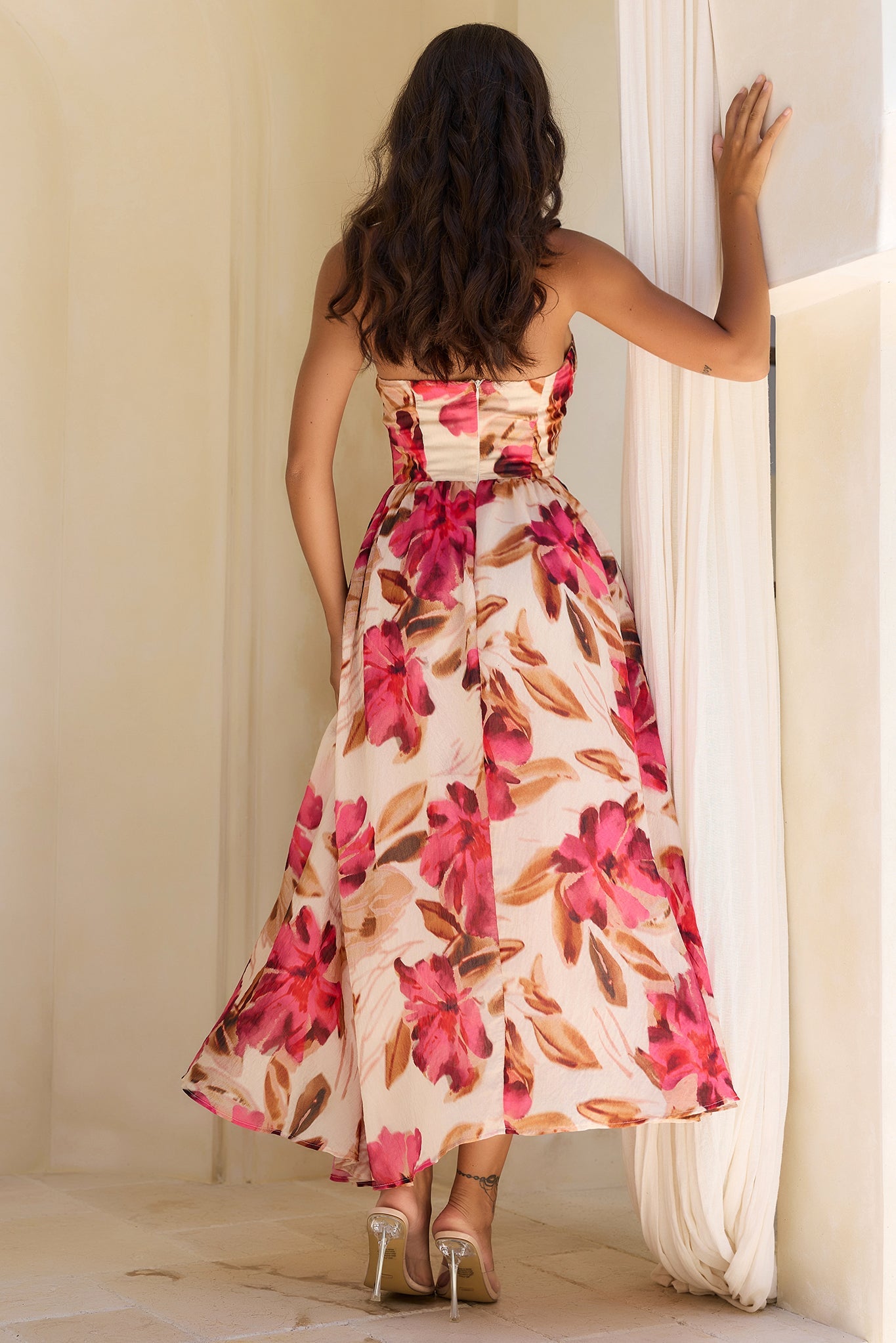 Crimson Whisper Woven Midi Dress - Wine Multi