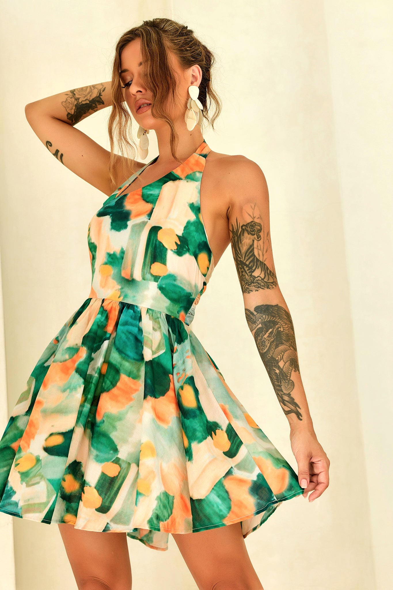 Eden Bloom Halter Woven Mini Dress - Green Multi