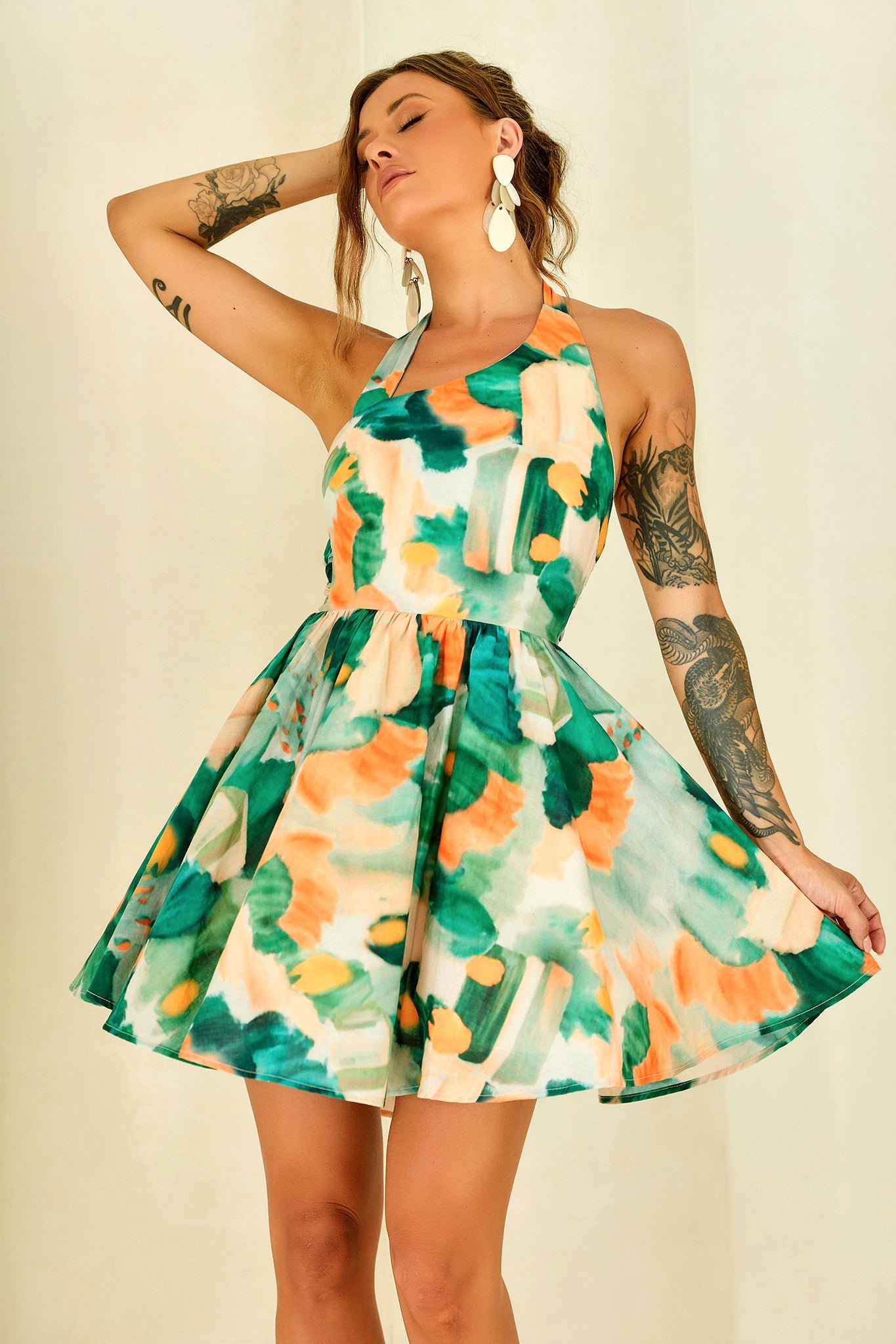 Eden Bloom Halter Woven Mini Dress - Green Multi