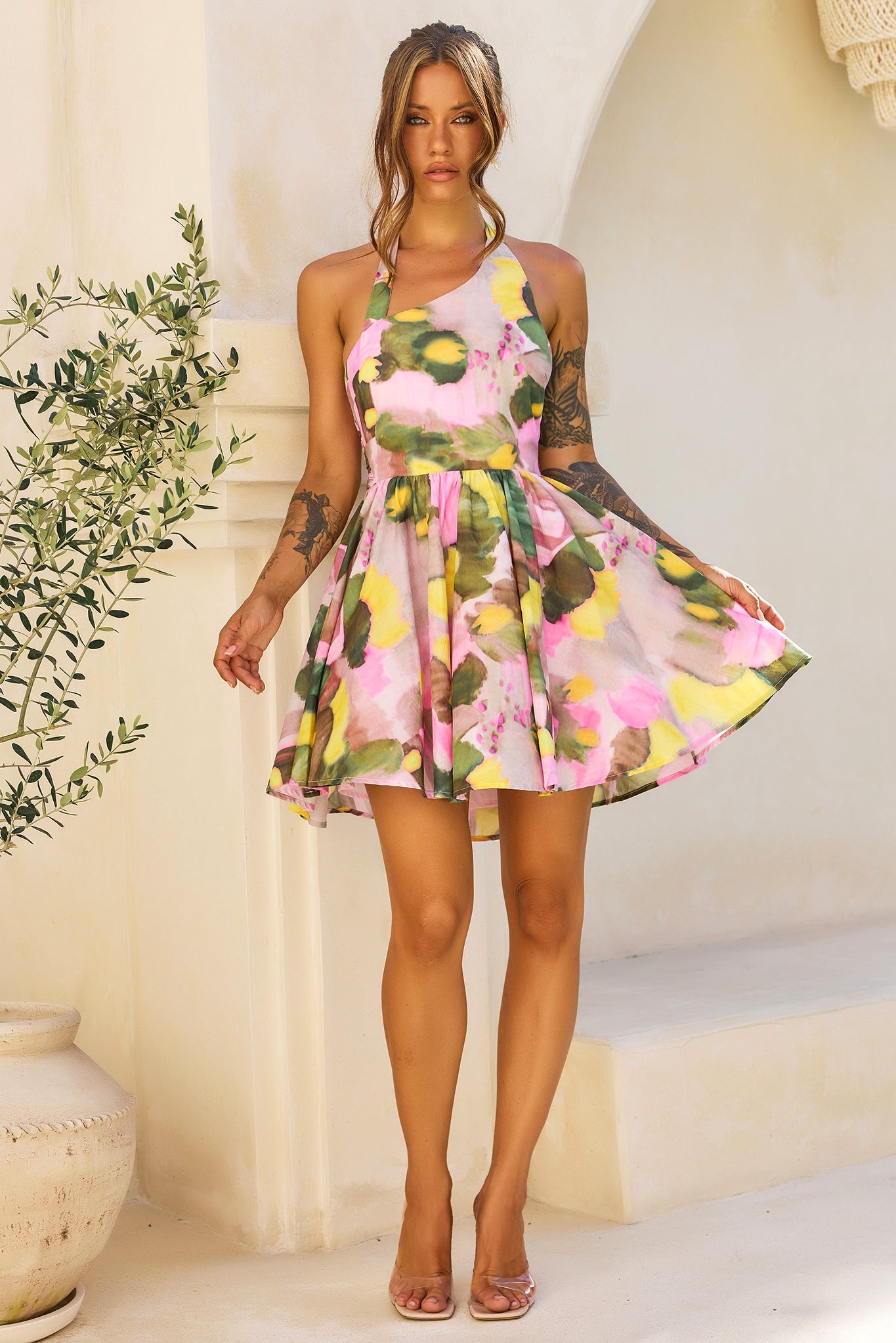 Eden Bloom Halter Woven Mini Dress - Pink Multi