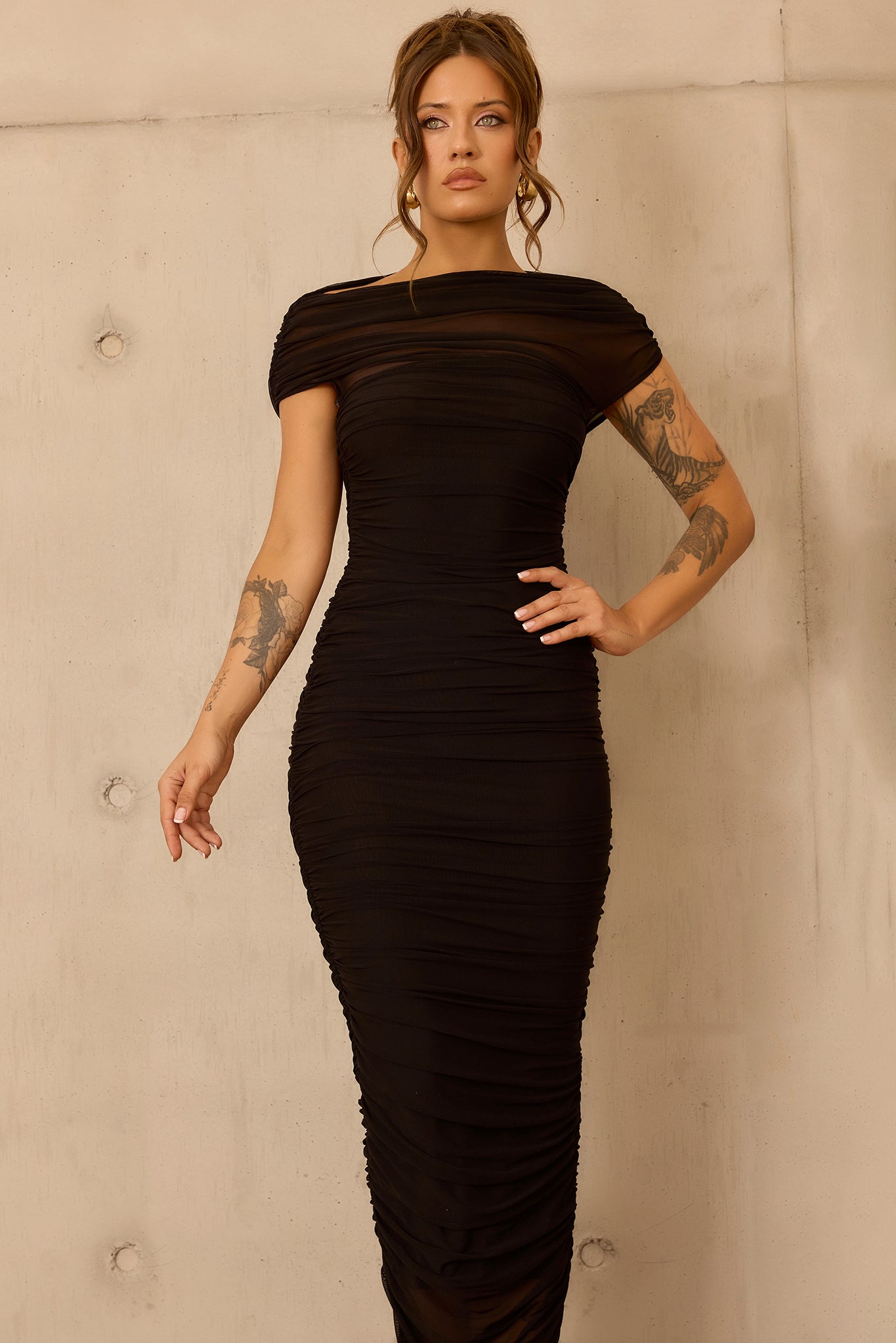 Elysian Mesh Midi Dress - Black
