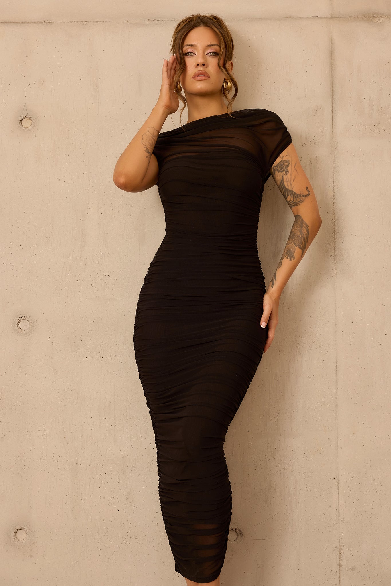 Elysian Mesh Midi Dress - Black