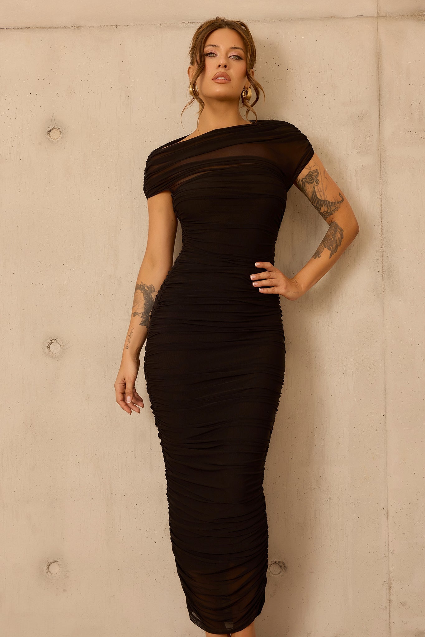 Elysian Mesh Midi Dress - Black