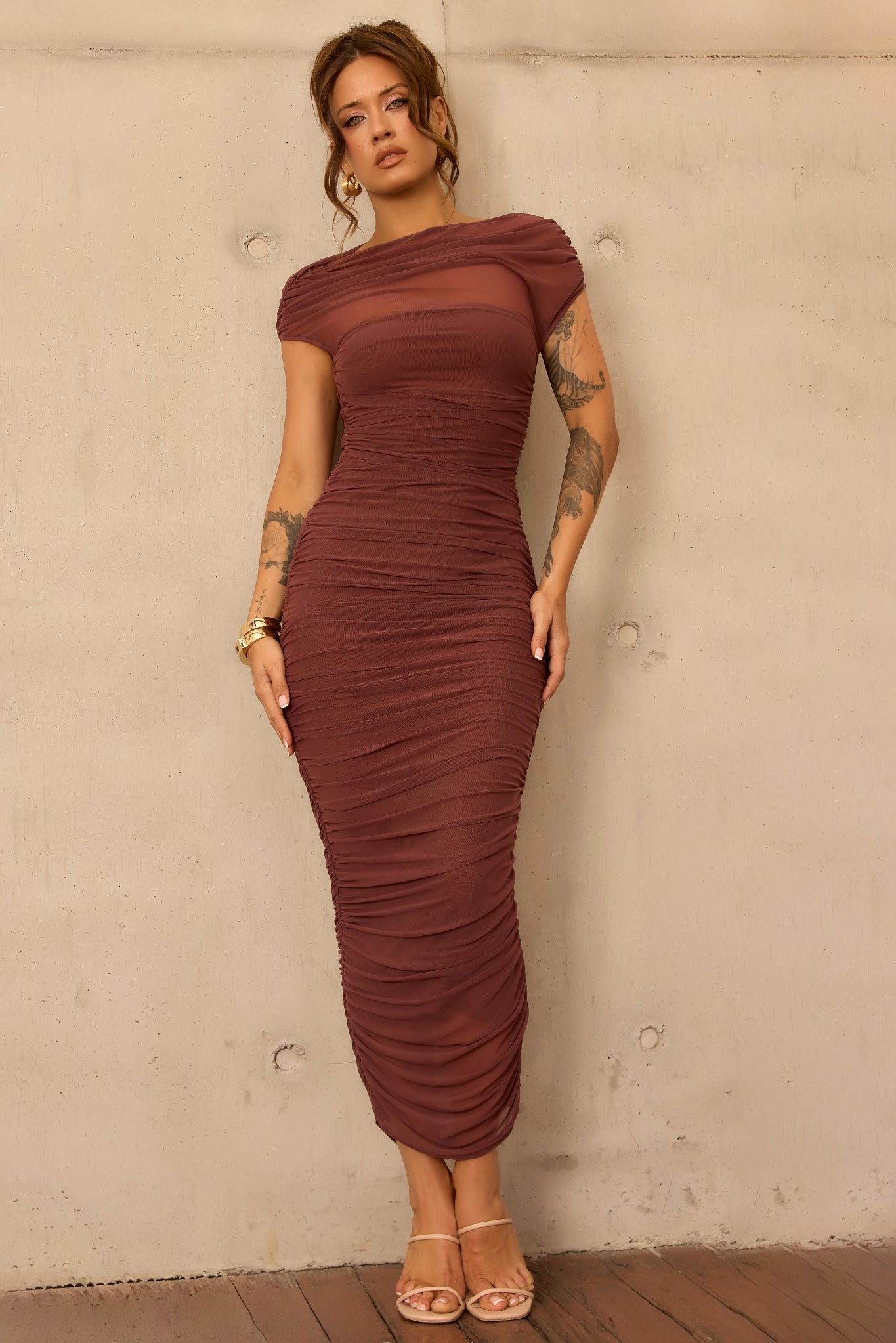 Elysian Mesh Midi Dress - Cocoa