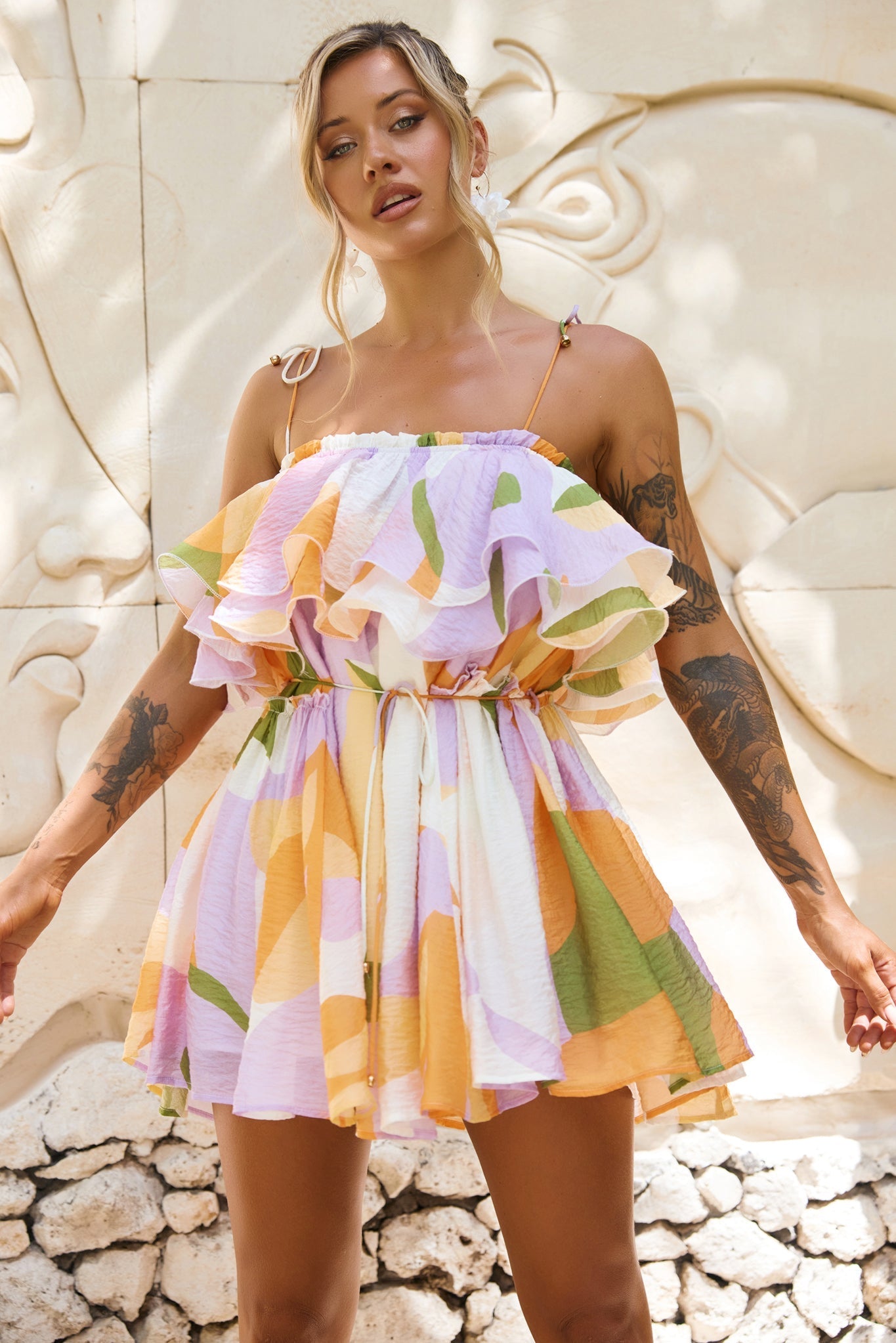 Falling Petals Mini Dress - Yellow Multi