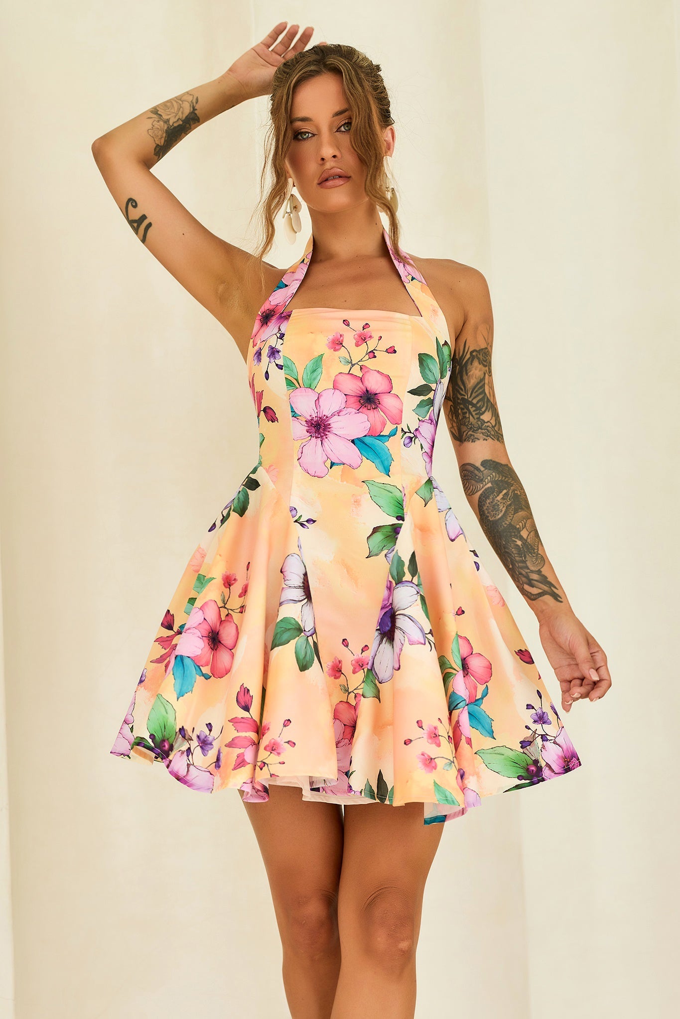Golden Petal Woven Halter Mini Dress - Yellow Multi