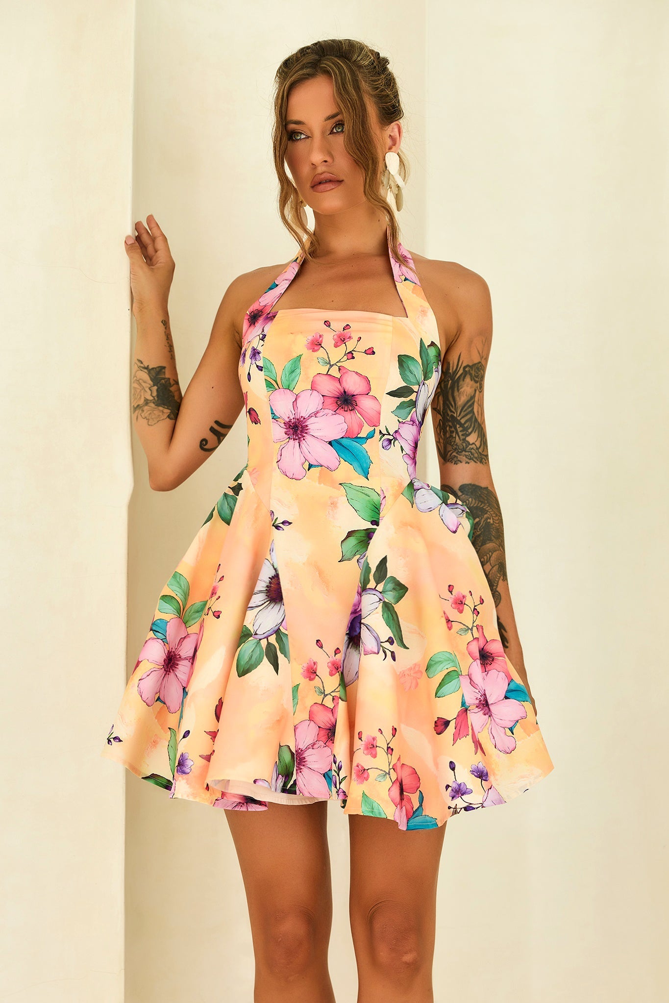 Golden Petal Woven Halter Mini Dress - Yellow Multi