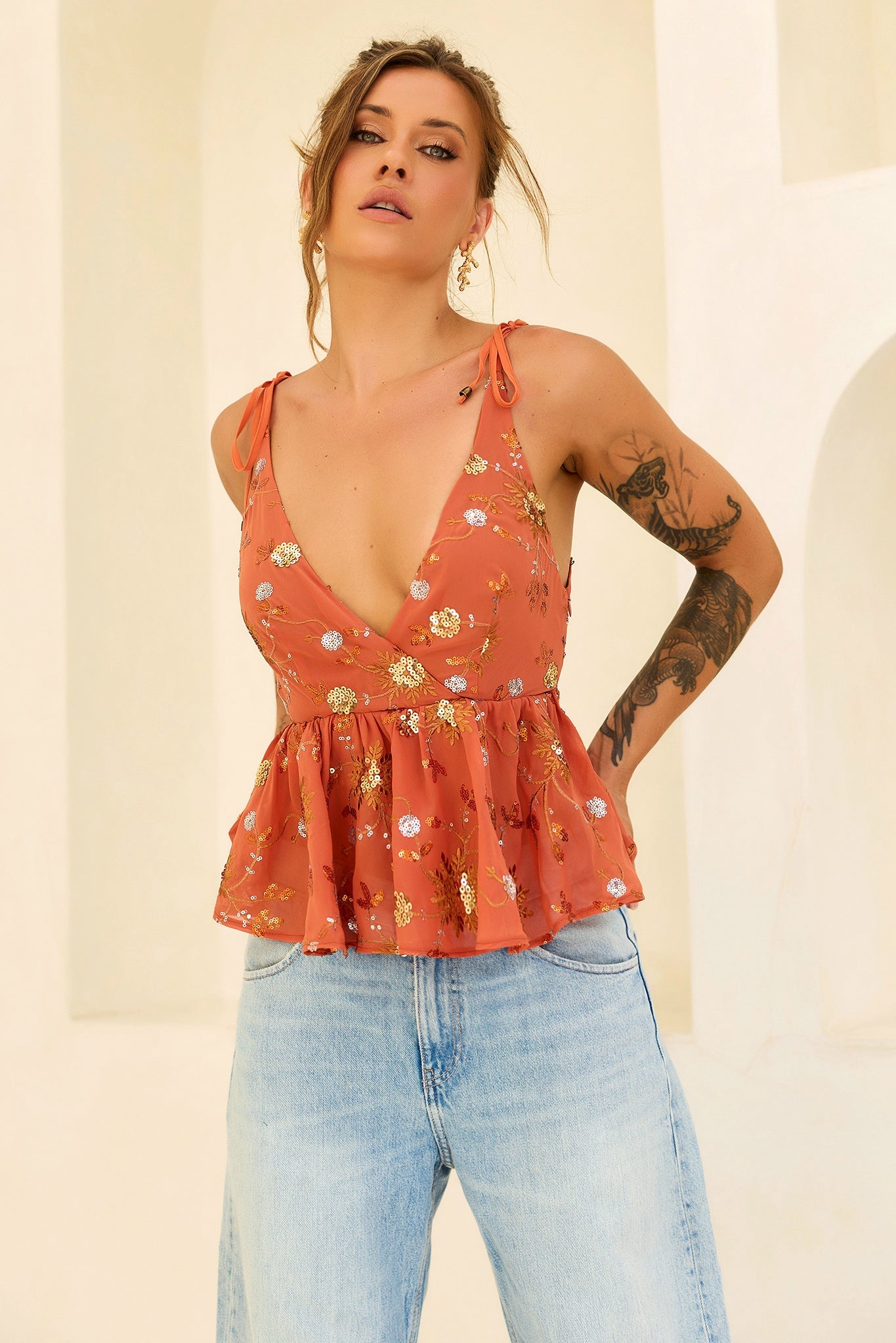 Moonbeam Luxe Sequin Chiffon Top - Orange