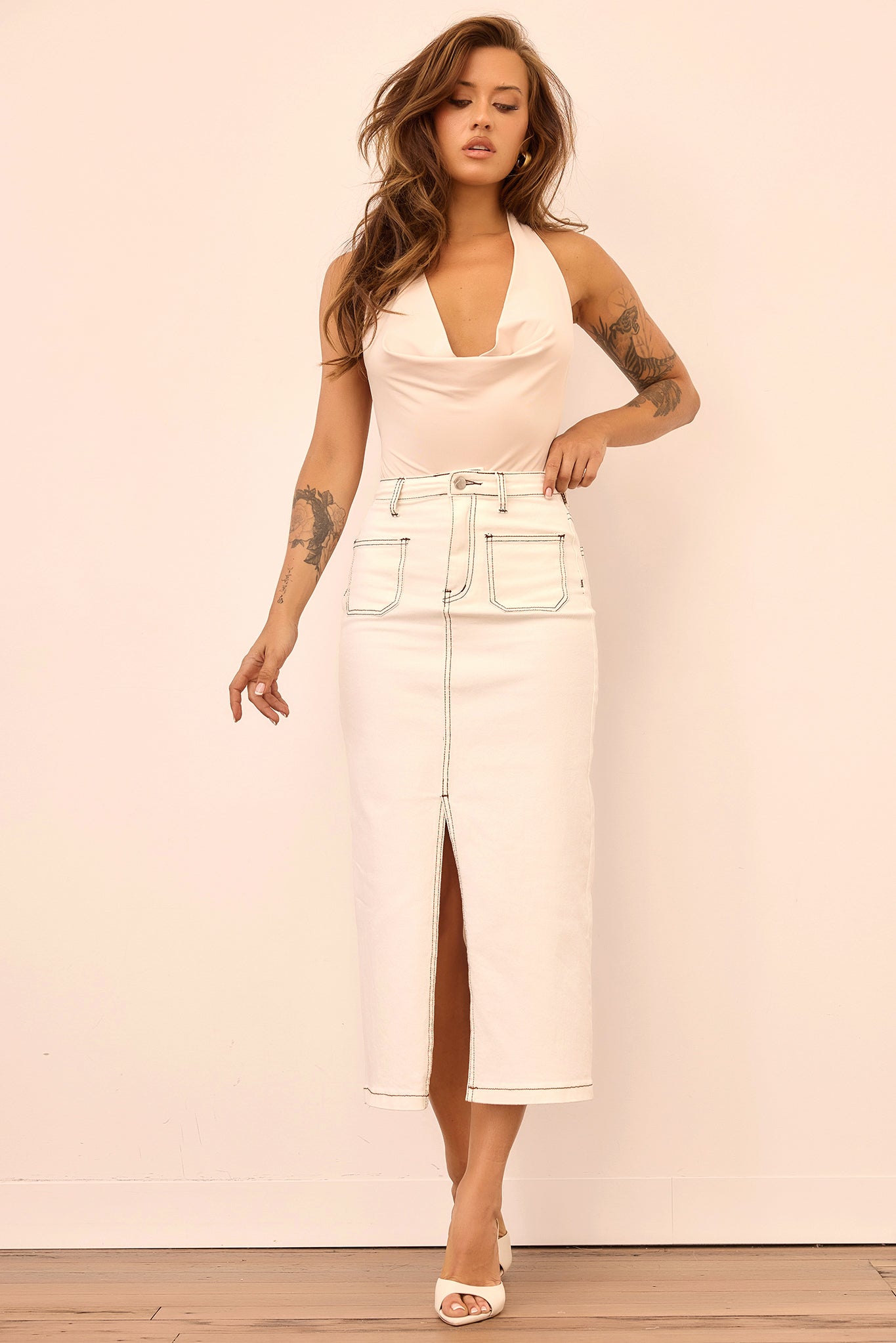 Morning Sky Denim Midi Skirt - White