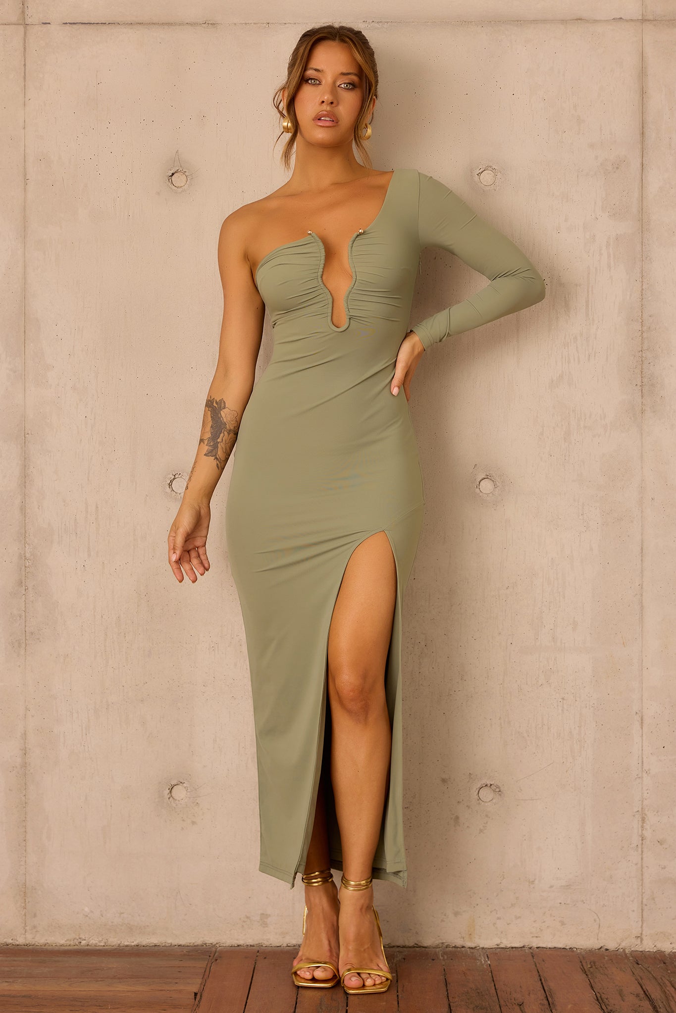 Nocturne Draped Maxi Dress - Olive