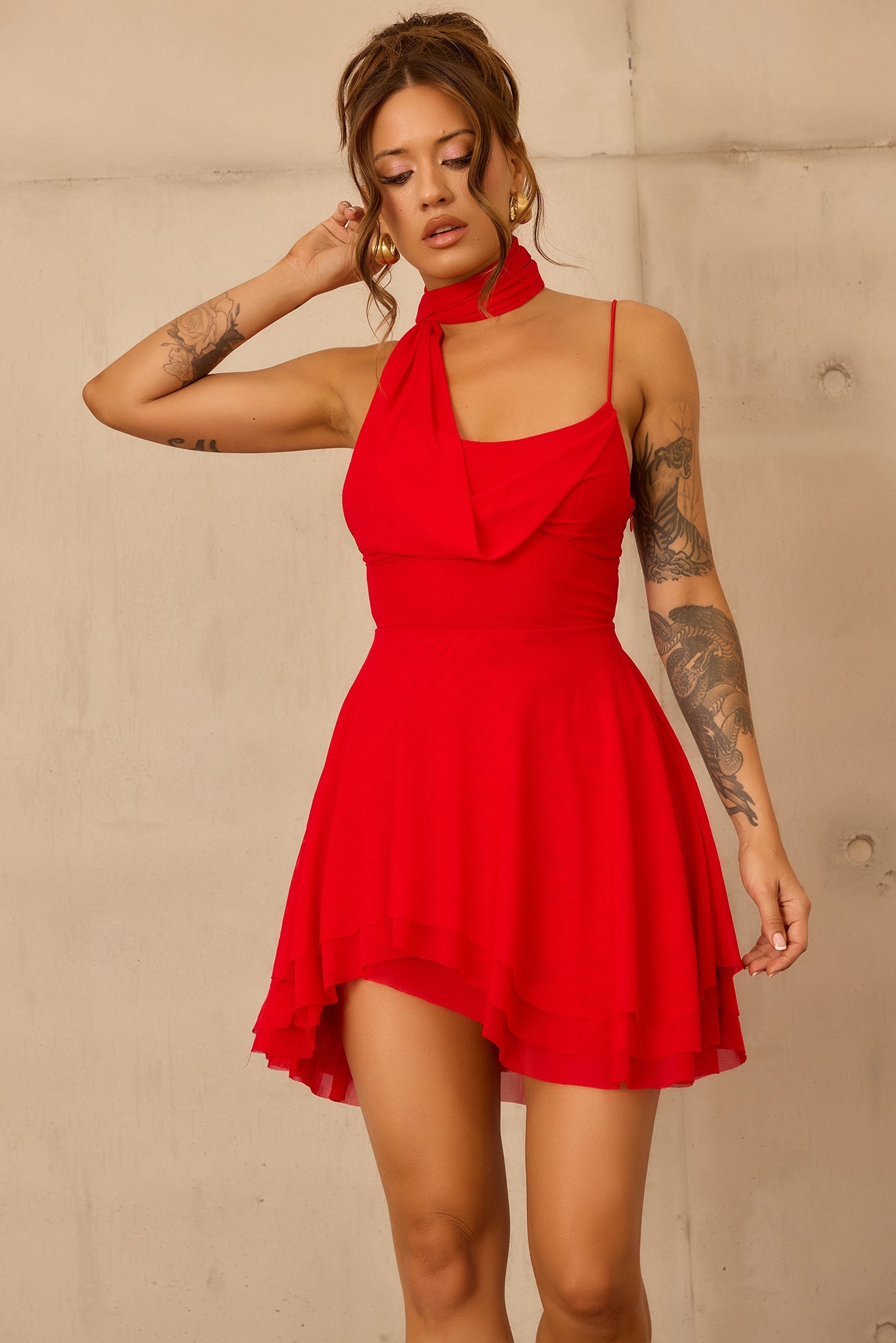 Nocturne Veil Mesh Mini Dress - Red