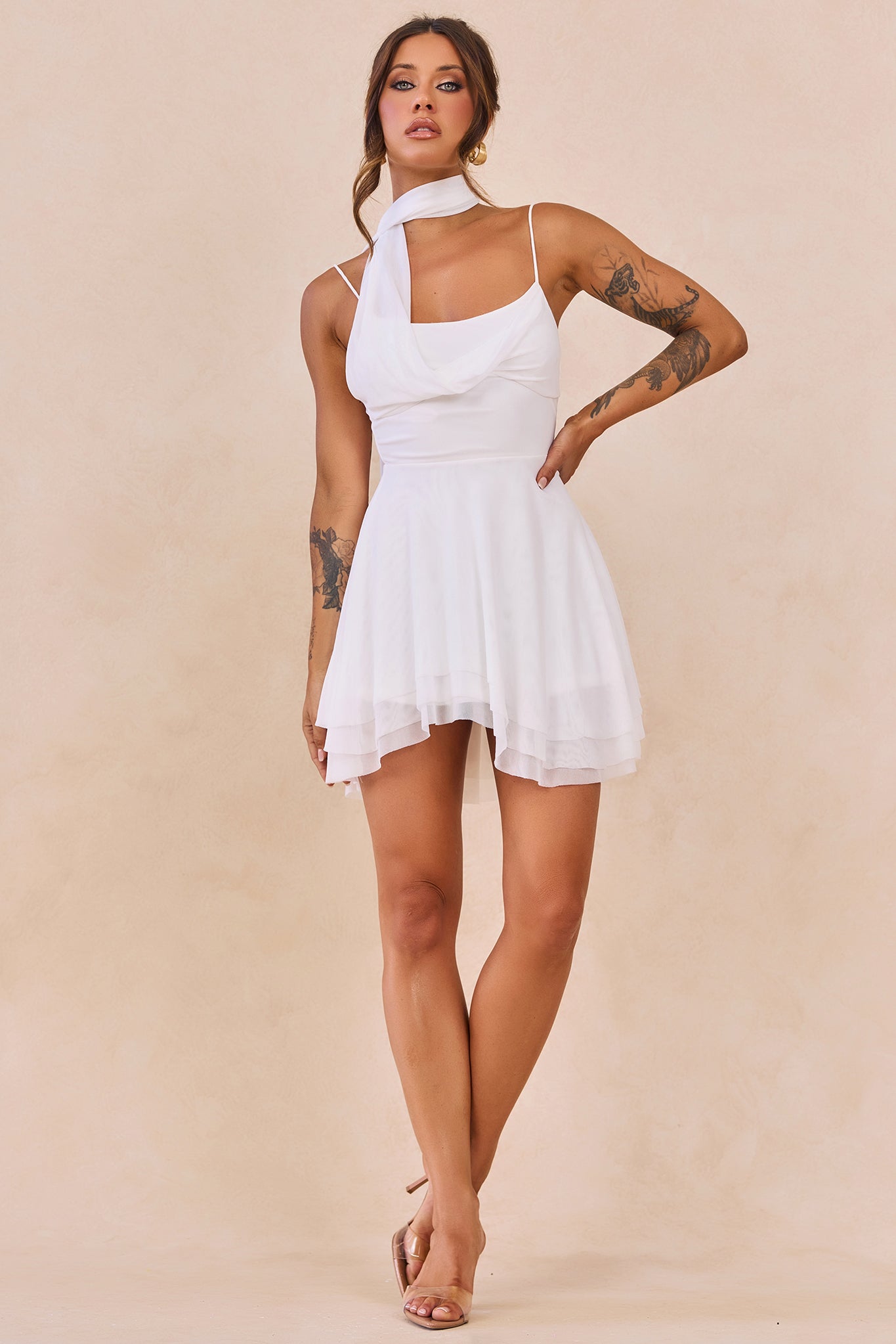 Nocturne Veil Mesh Mini Dress - White