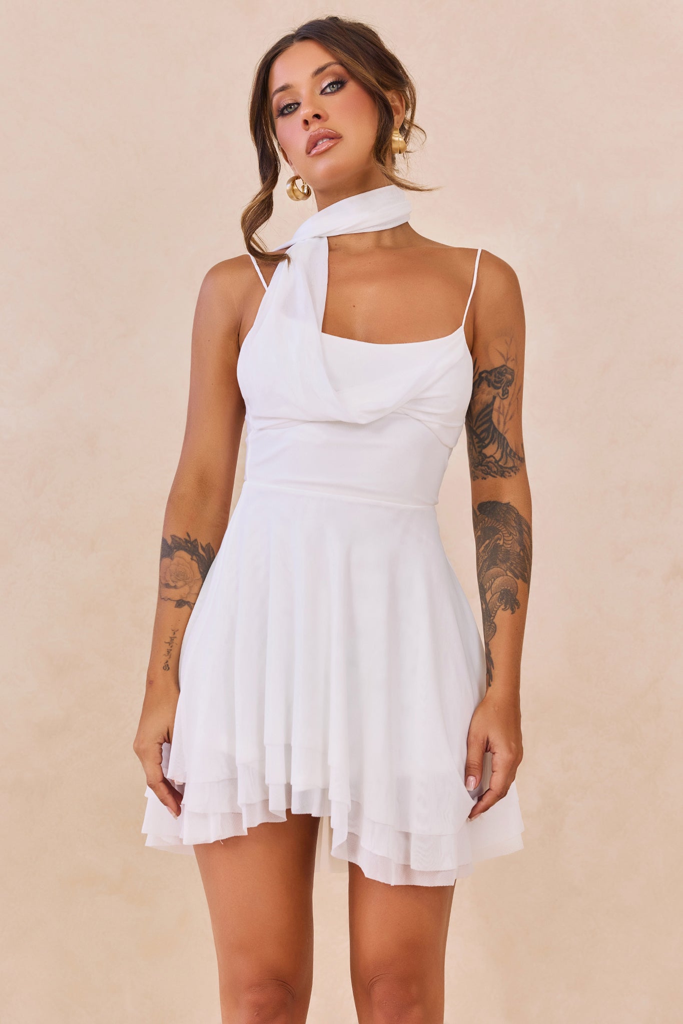 Nocturne Veil Mesh Mini Dress - White