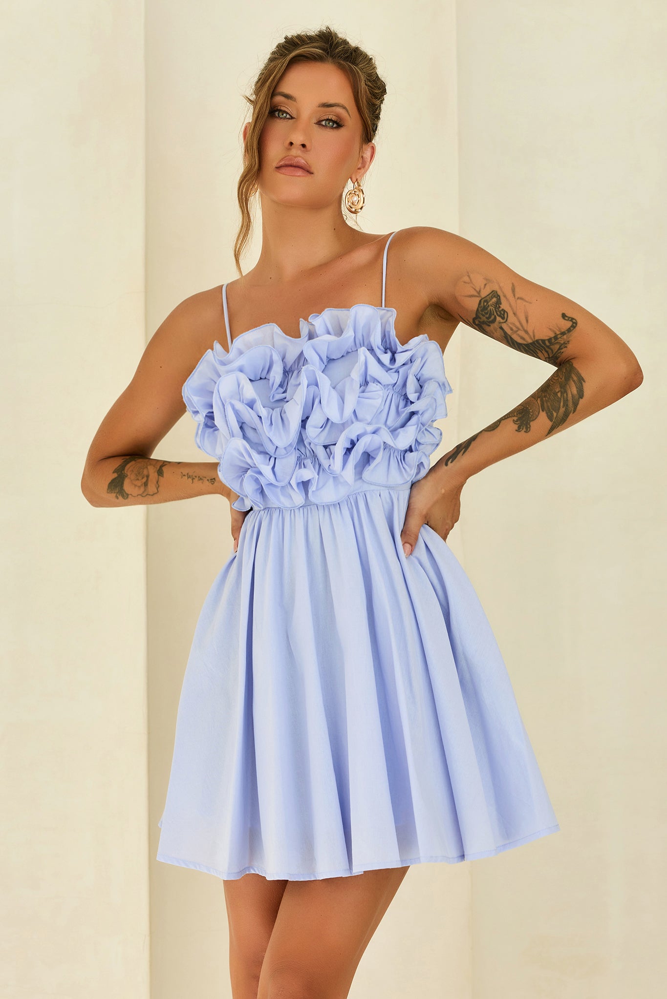 Petal Whirl Cotton Mini Dress - Cornflower