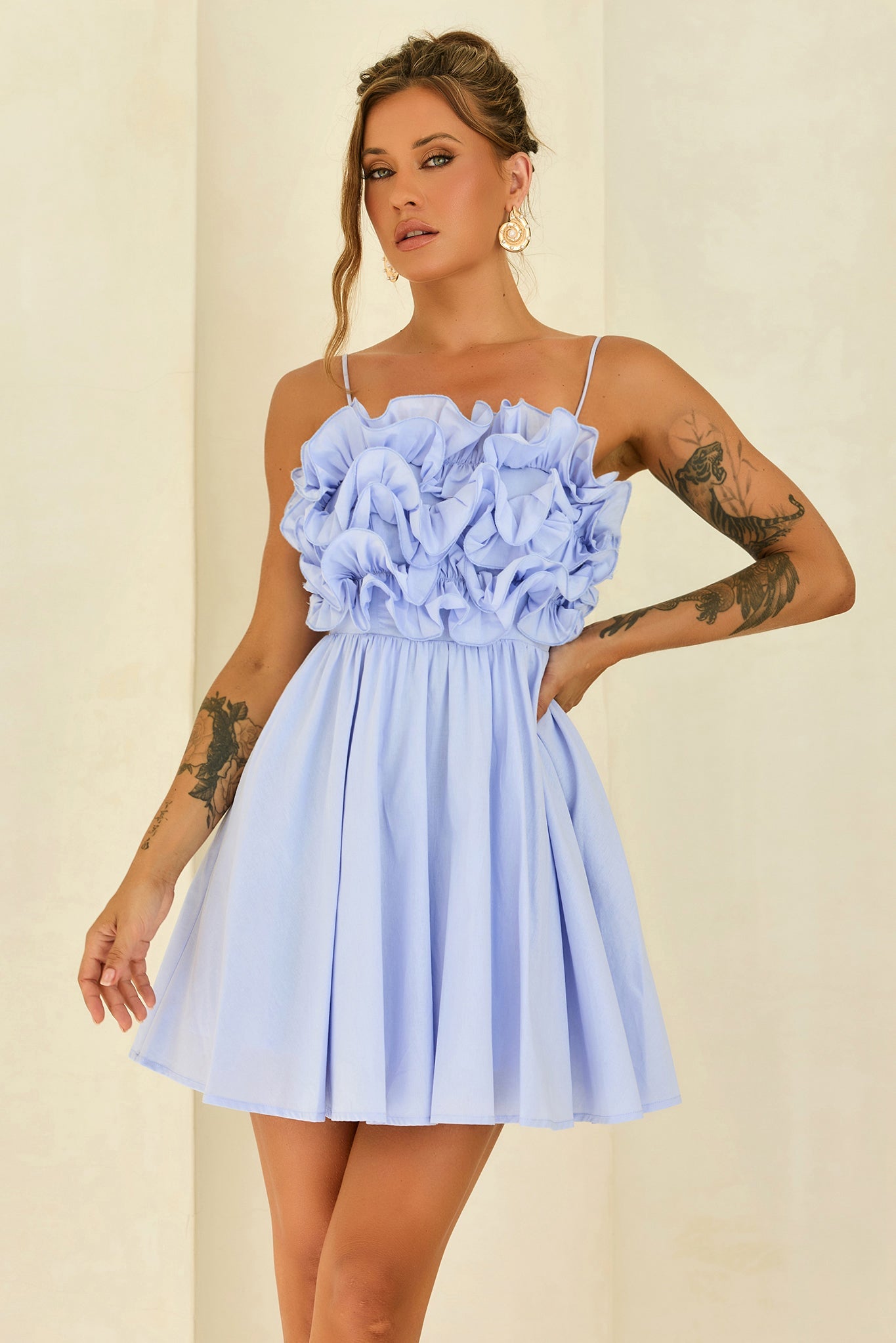 Petal Whirl Cotton Mini Dress - Cornflower