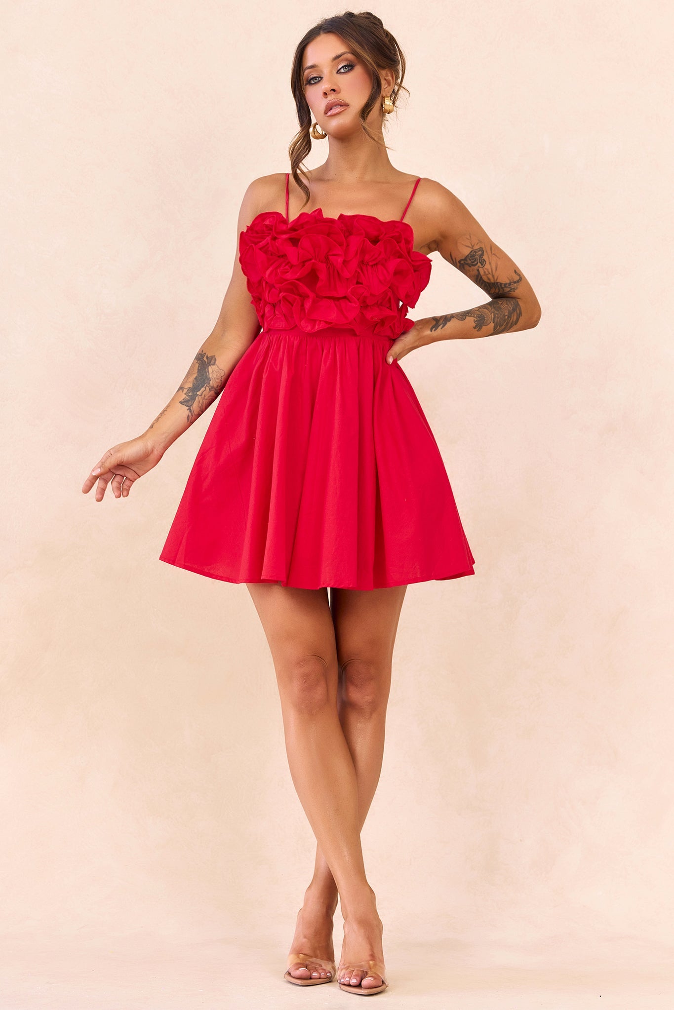 Petal Whirl Cotton Mini Dress - Red