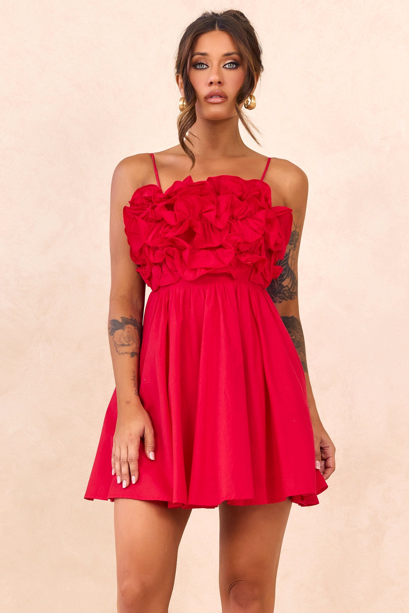 Petal Whirl Cotton Mini Dress - Red