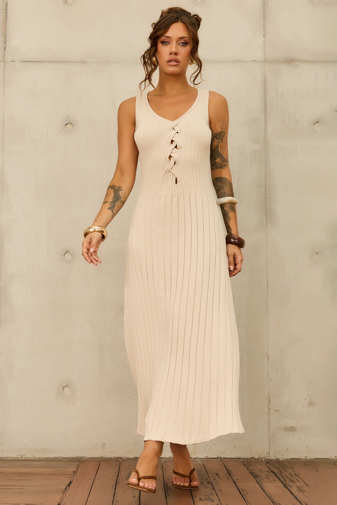 Serene Line Knit Midi Dress - Beige
