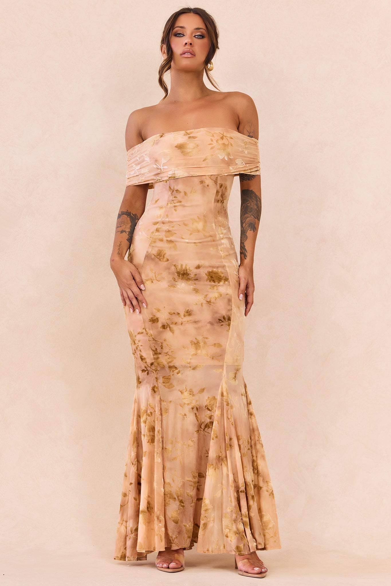 Serina Flocked Mesh Maxi Dress - Nude
