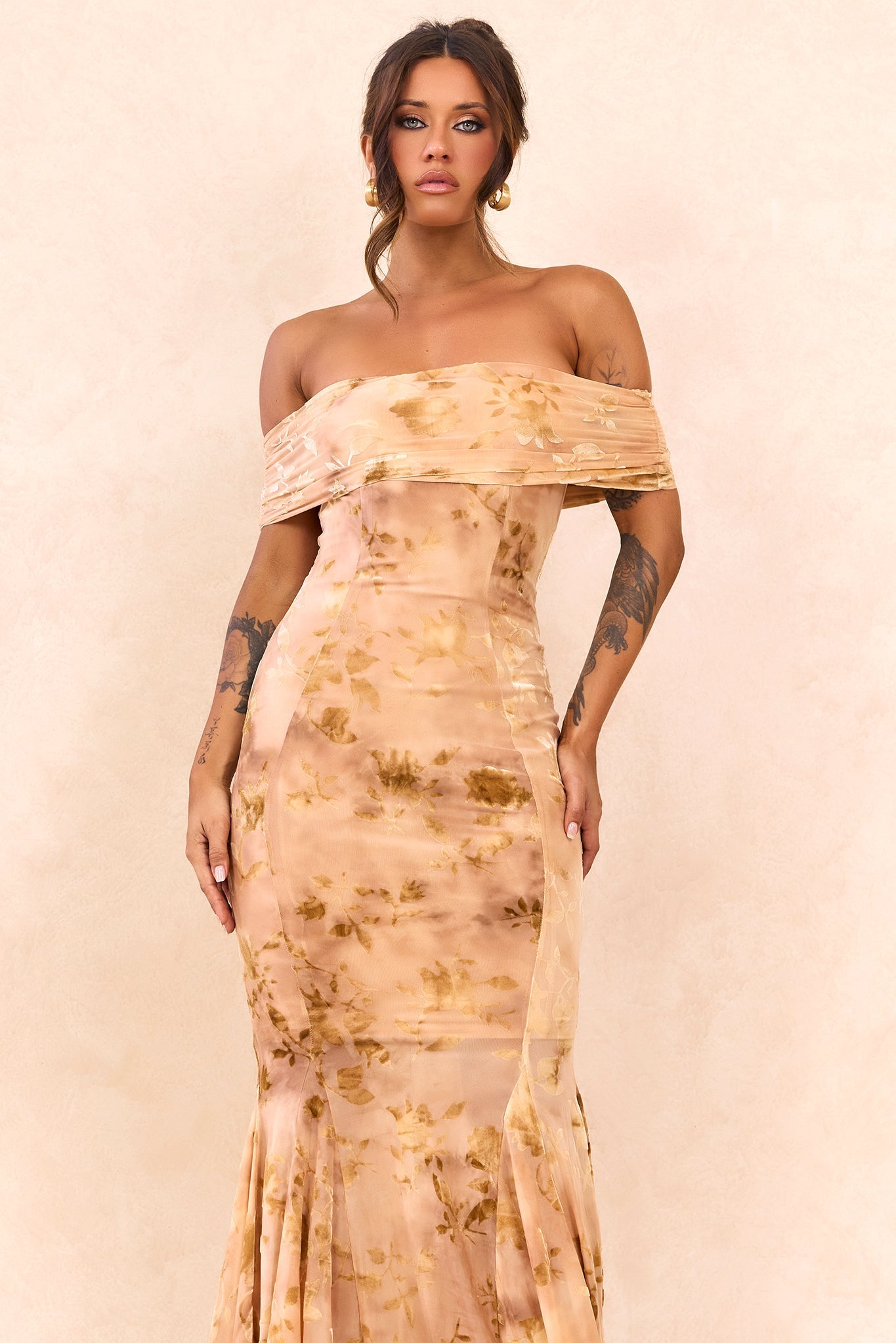 Serina Flocked Mesh Maxi Dress - Nude