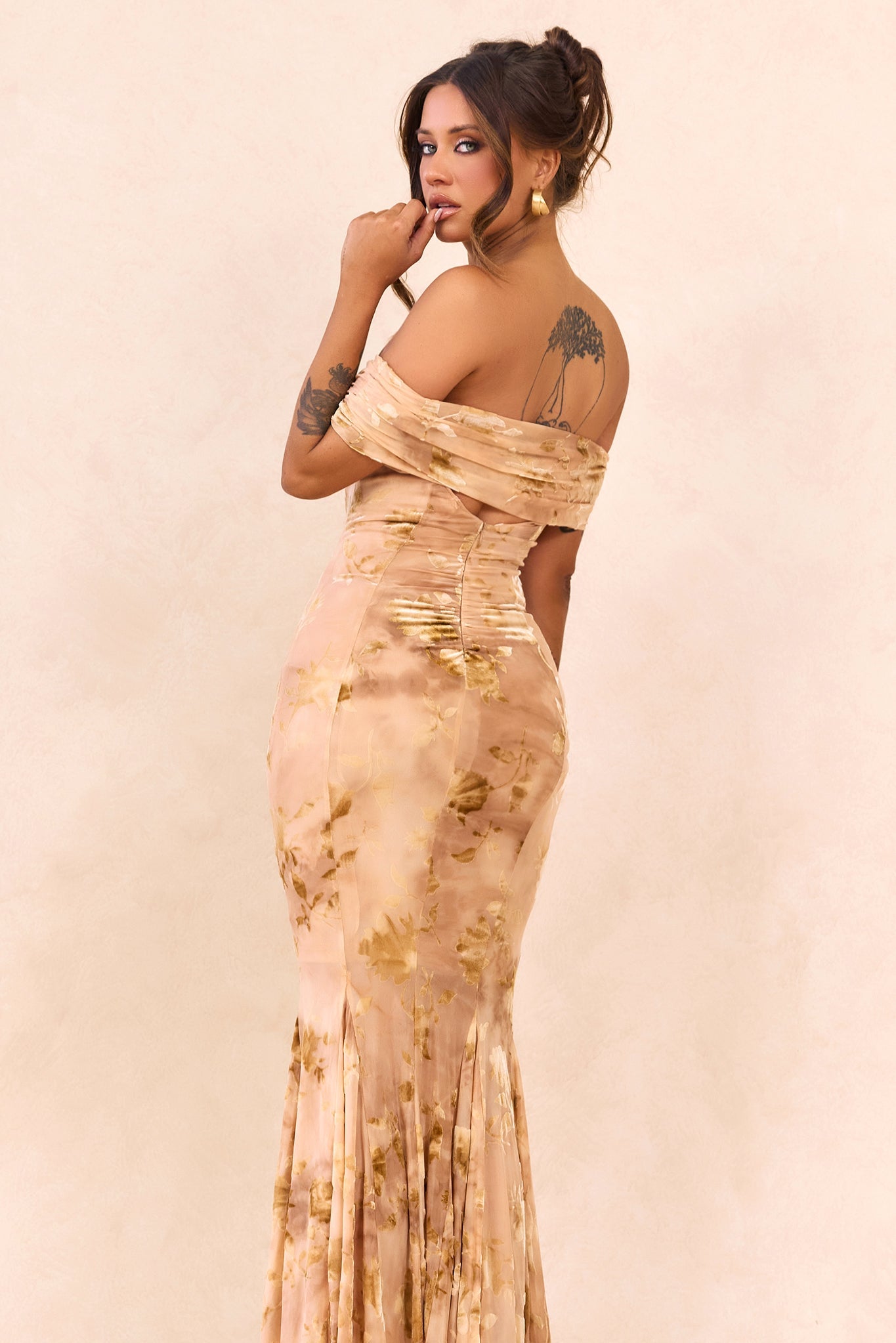 Serina Flocked Mesh Maxi Dress - Nude