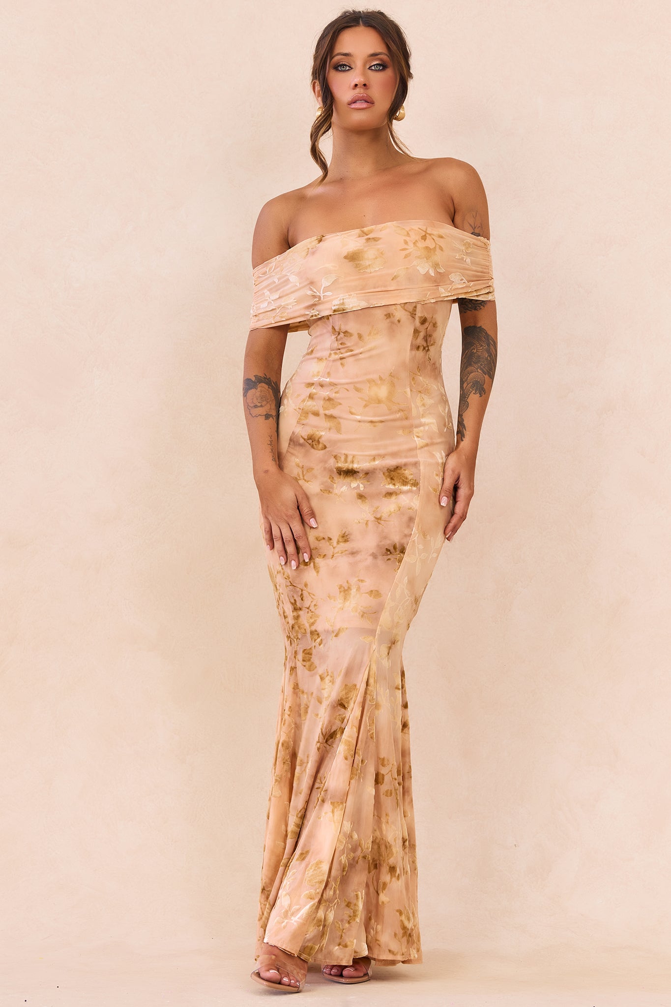 Serina Flocked Mesh Maxi Dress - Nude