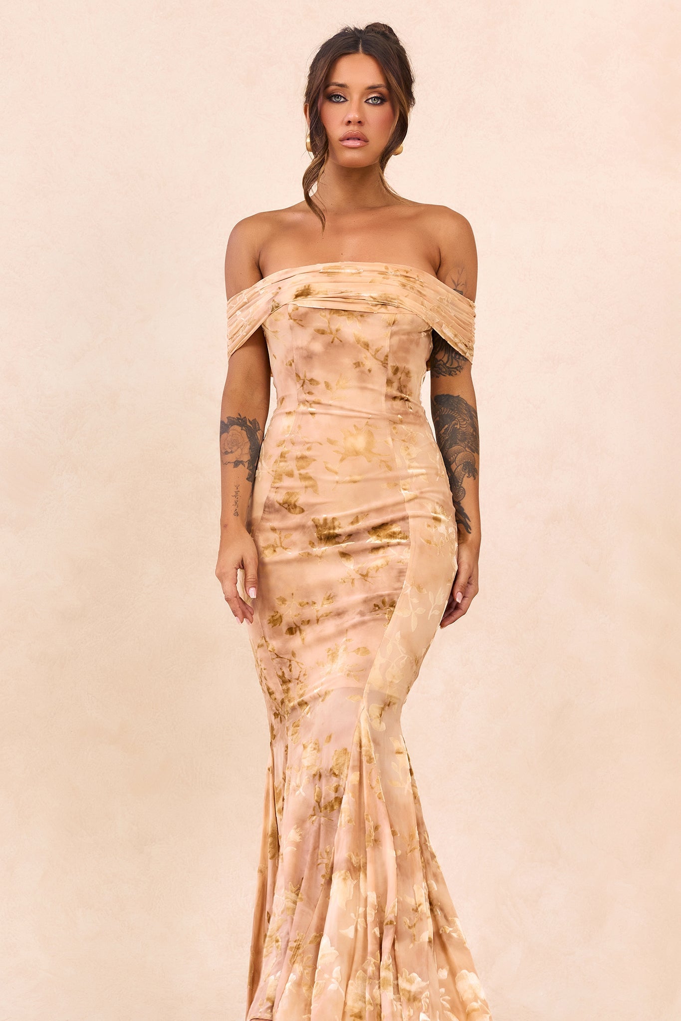 Serina Flocked Mesh Maxi Dress - Nude