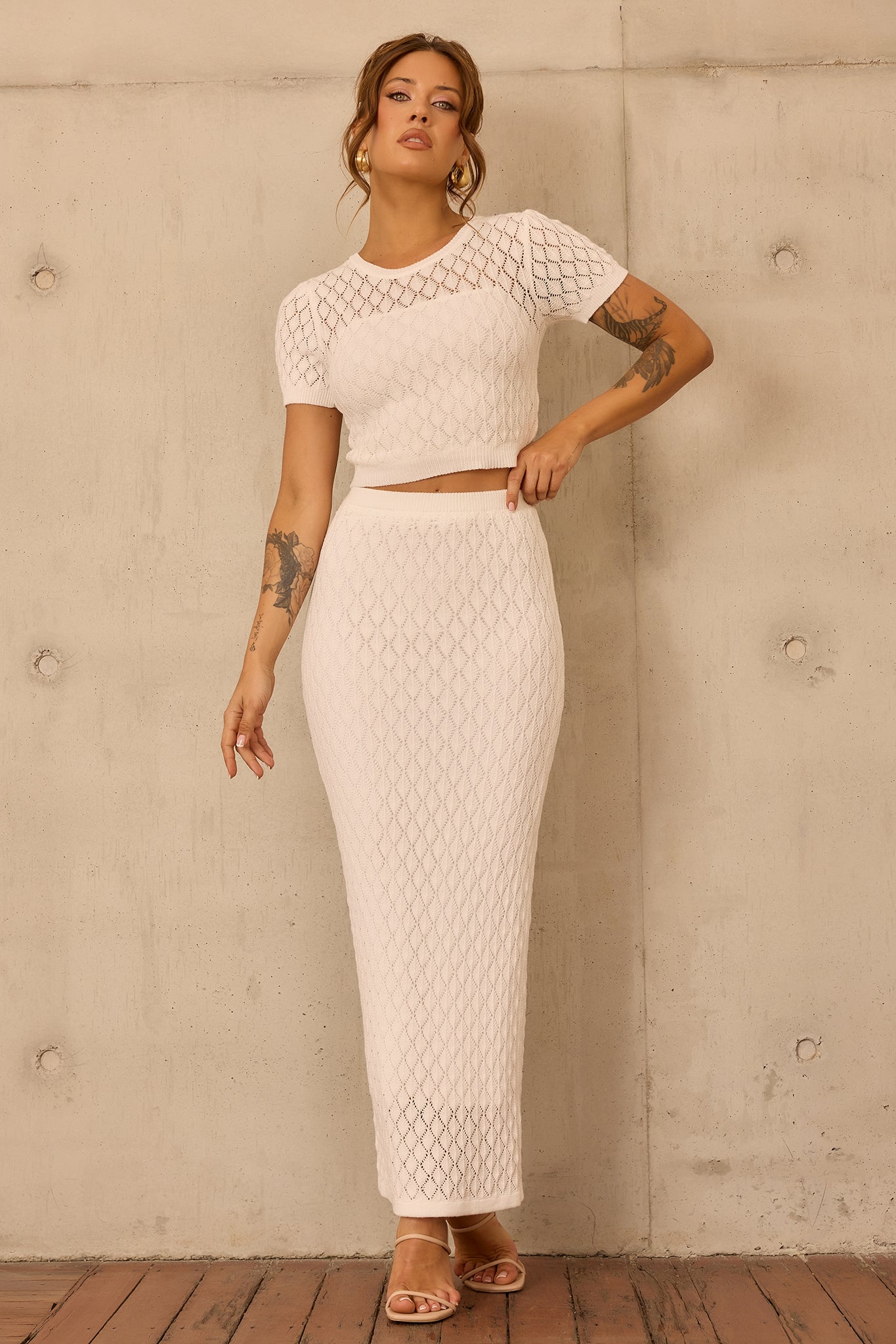 Sharp Hour Knit Midi Skirt - White