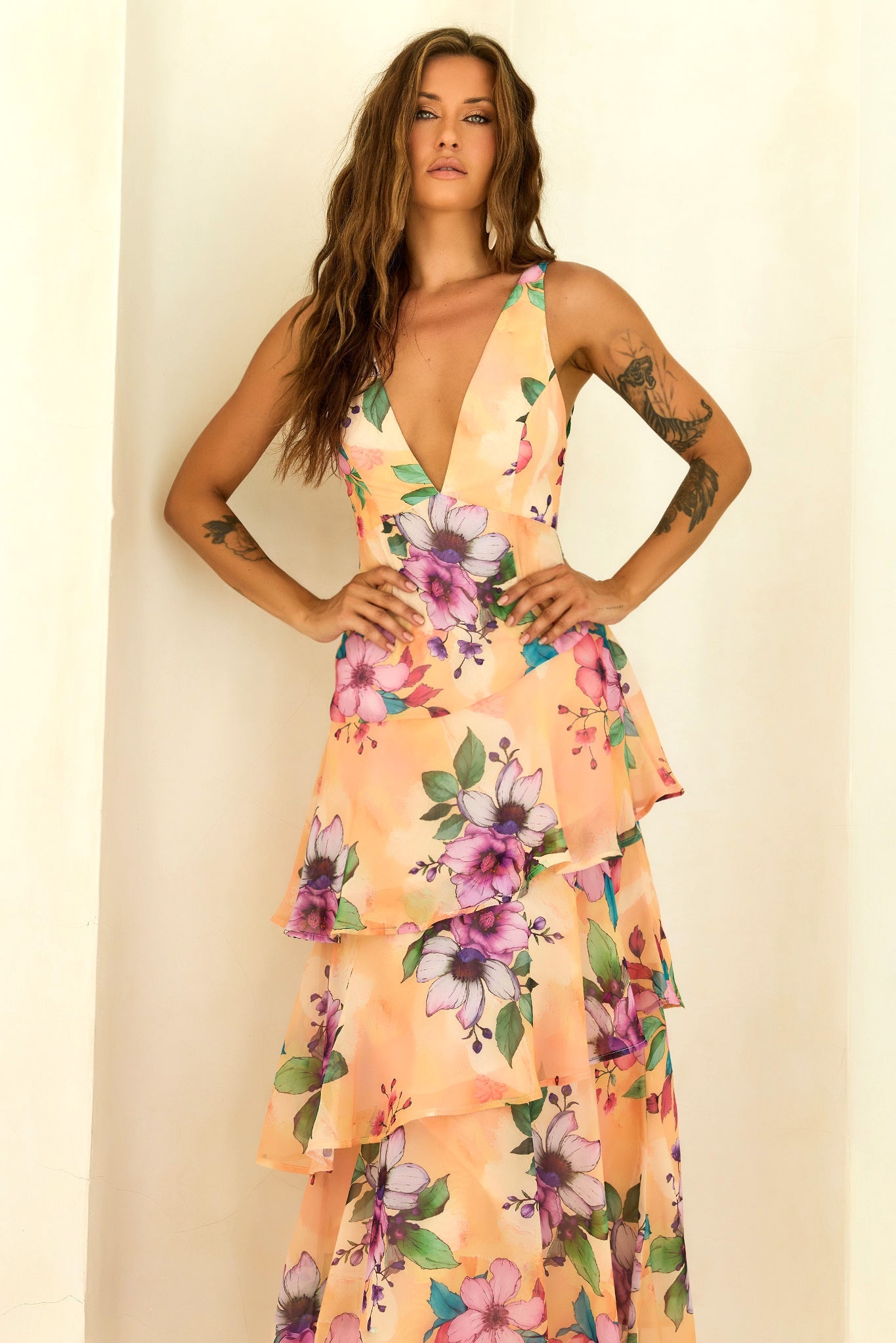 Sunlit Candy Tiered Chiffon Maxi Dress - Yellow