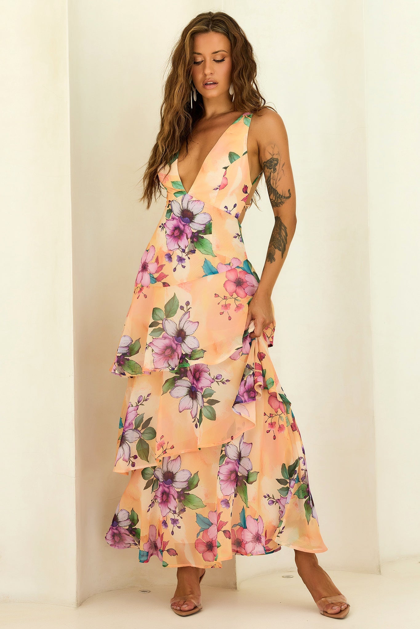 Sunlit Candy Tiered Chiffon Maxi Dress - Yellow