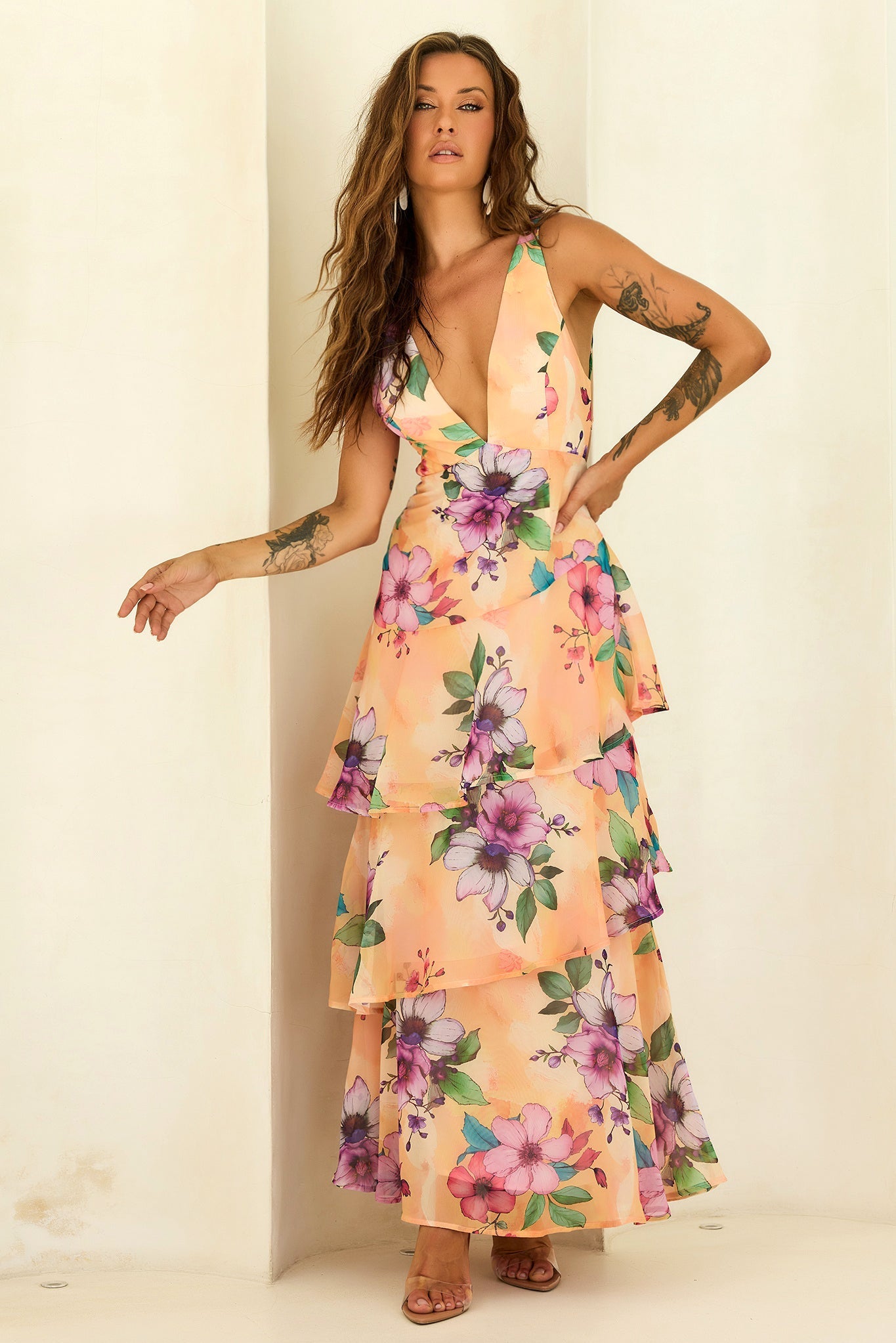 Sunlit Candy Tiered Chiffon Maxi Dress - Yellow