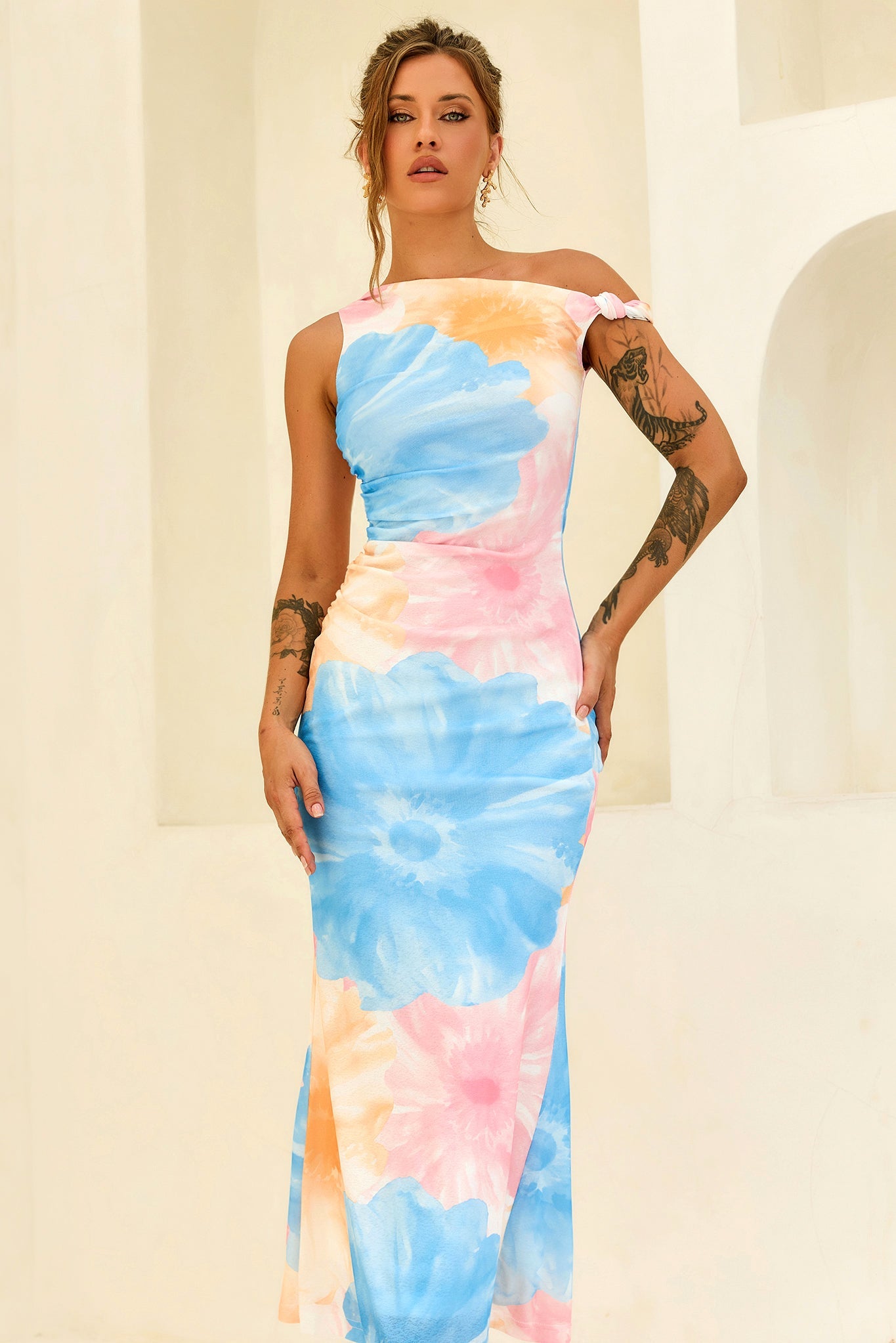 The Front Row Mesh Maxi Dress - Blue Multi