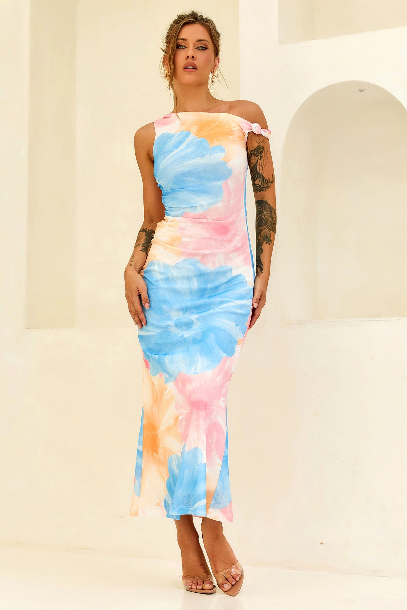 The Front Row Mesh Maxi Dress - Blue Multi
