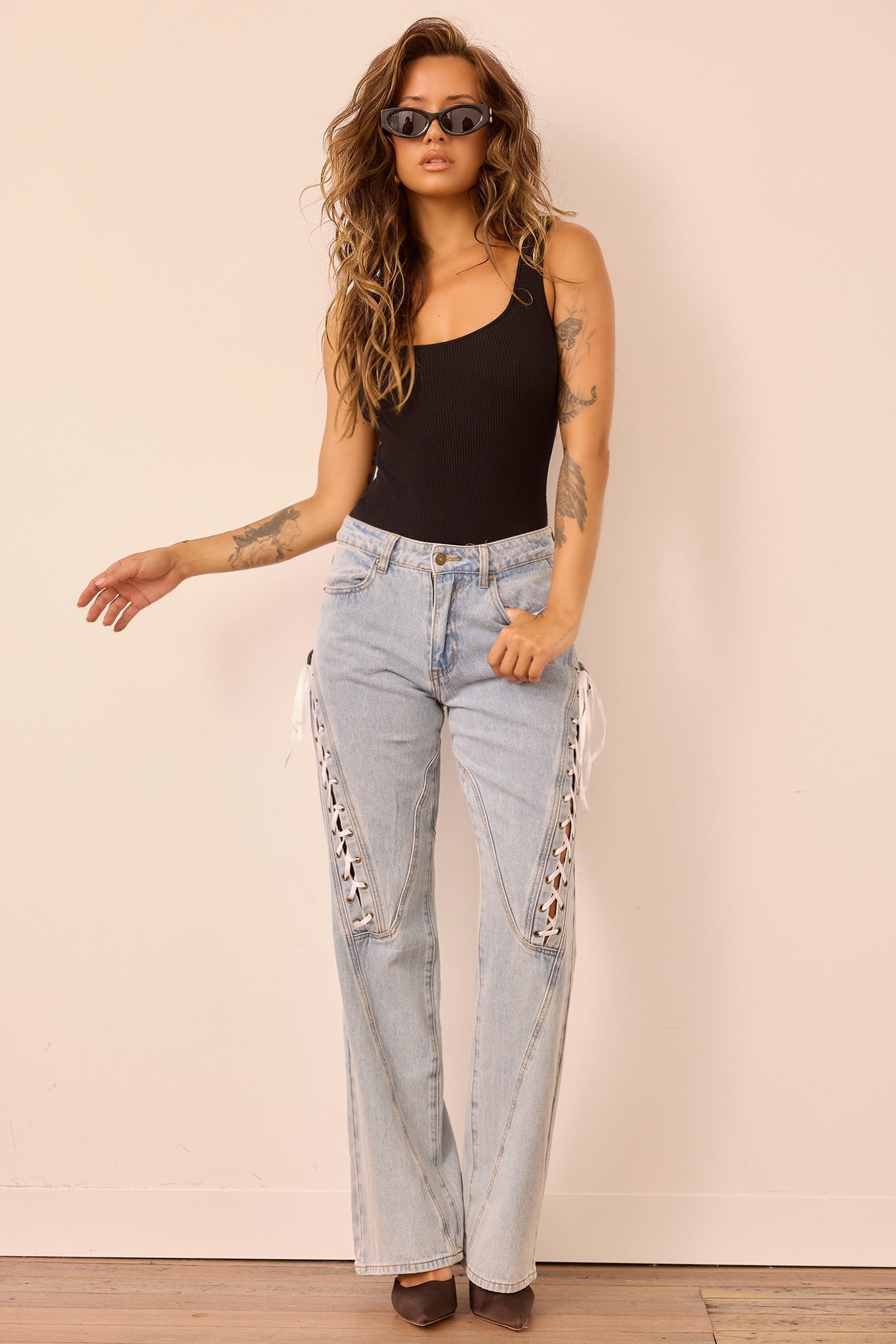Venus Lace Denim Jeans - Washed Blue