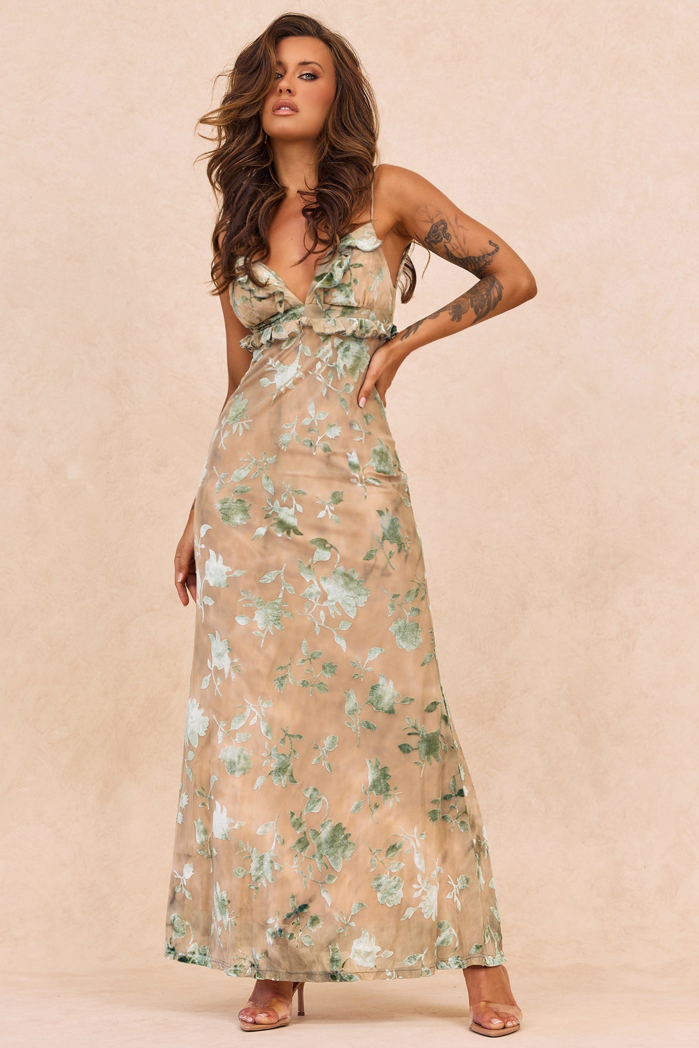 Whispering Garden Flocked Mesh Maxi Dress - Olive