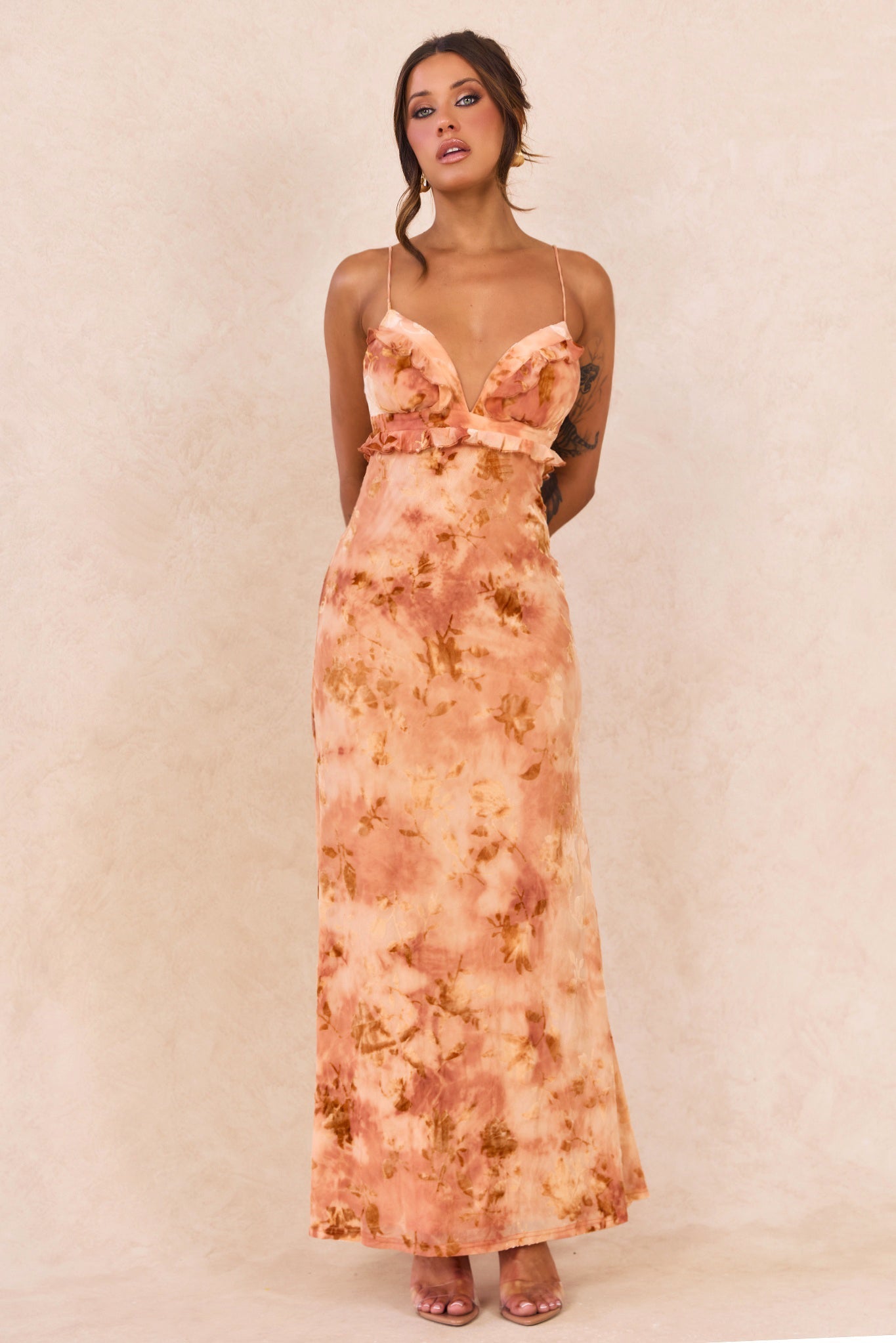 Whispering Garden Flocked Mesh Maxi Dress - Orange
