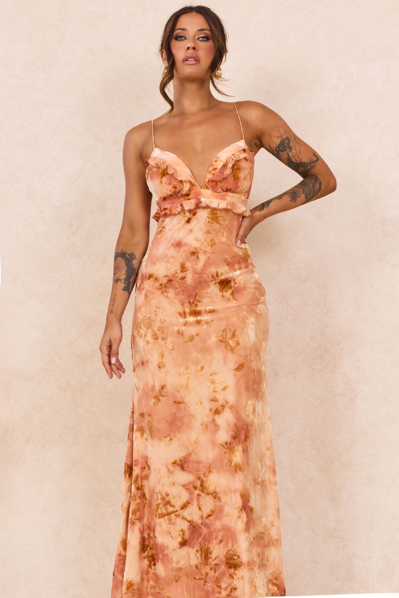 Whispering Garden Flocked Mesh Maxi Dress - Orange